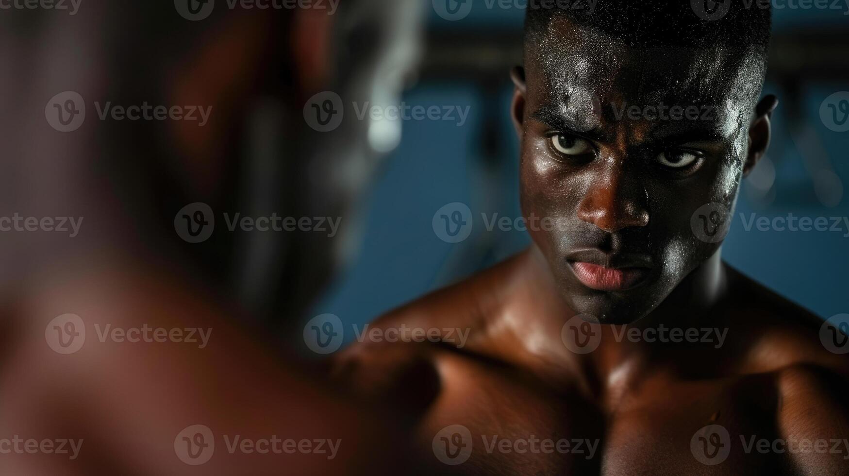 An athlete stares at themselves in the mirror seeing flaws that others praise as strength and muscle photo