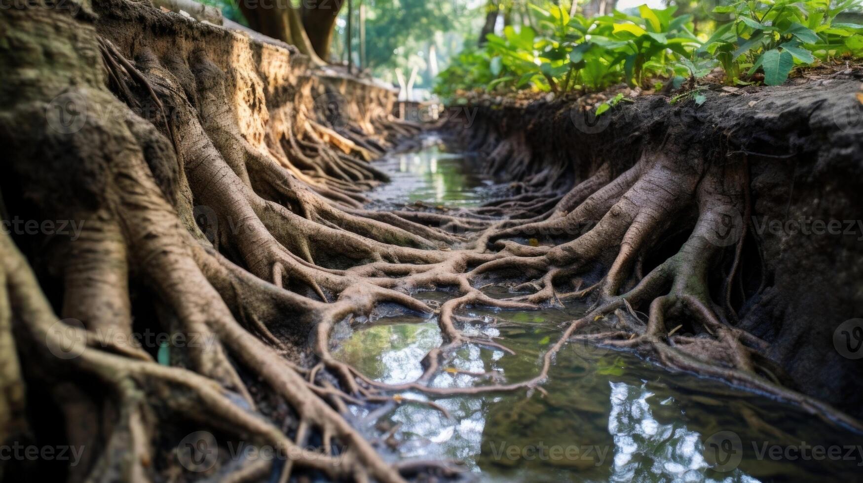 The effects of waterlogging and erosion were evident in the large pools of standing water and exposed roots of plants struggling to survive. photo