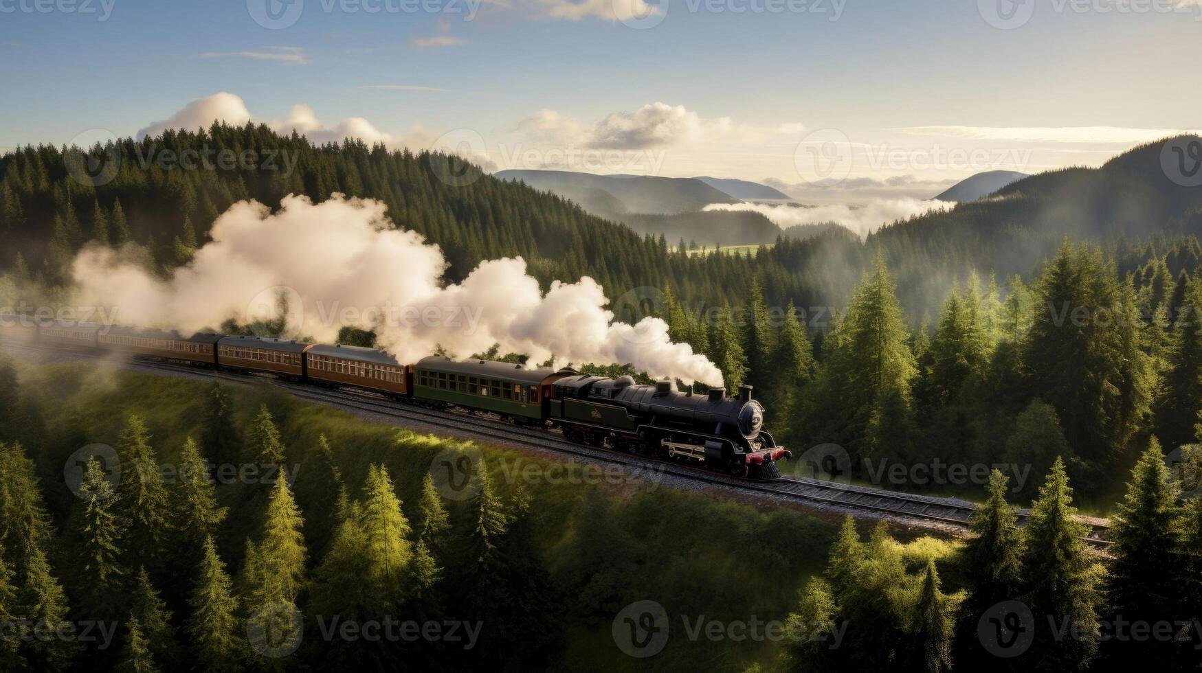 A picturesque scene unfolds as a towering steam locomotive emerges from a shroud of thick smoke, its distinctive whistle echoing through the air. photo