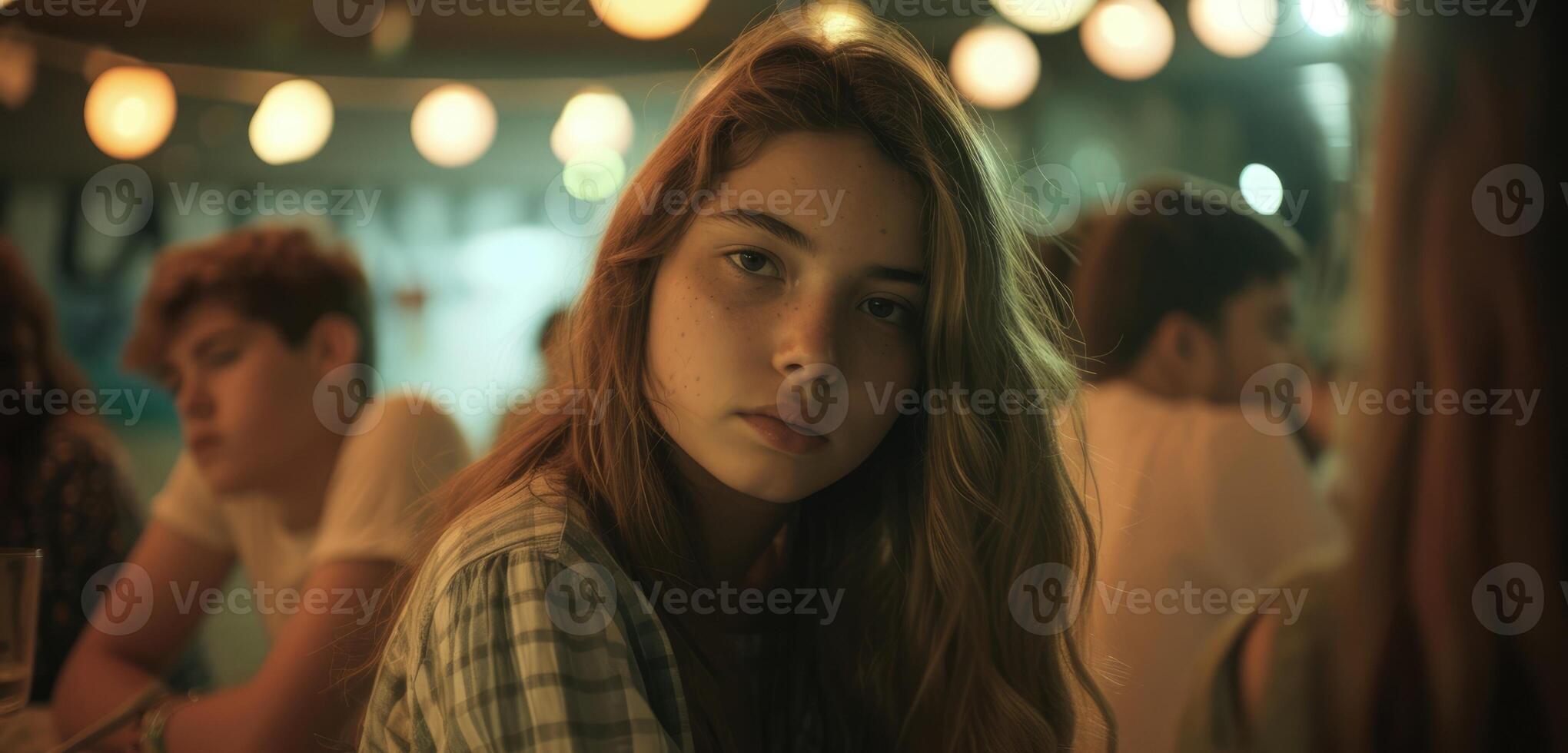 A group of teenagers at a party but one girl sits alone her eyes unfocused and showing a disconnection from the lively atmosphere photo