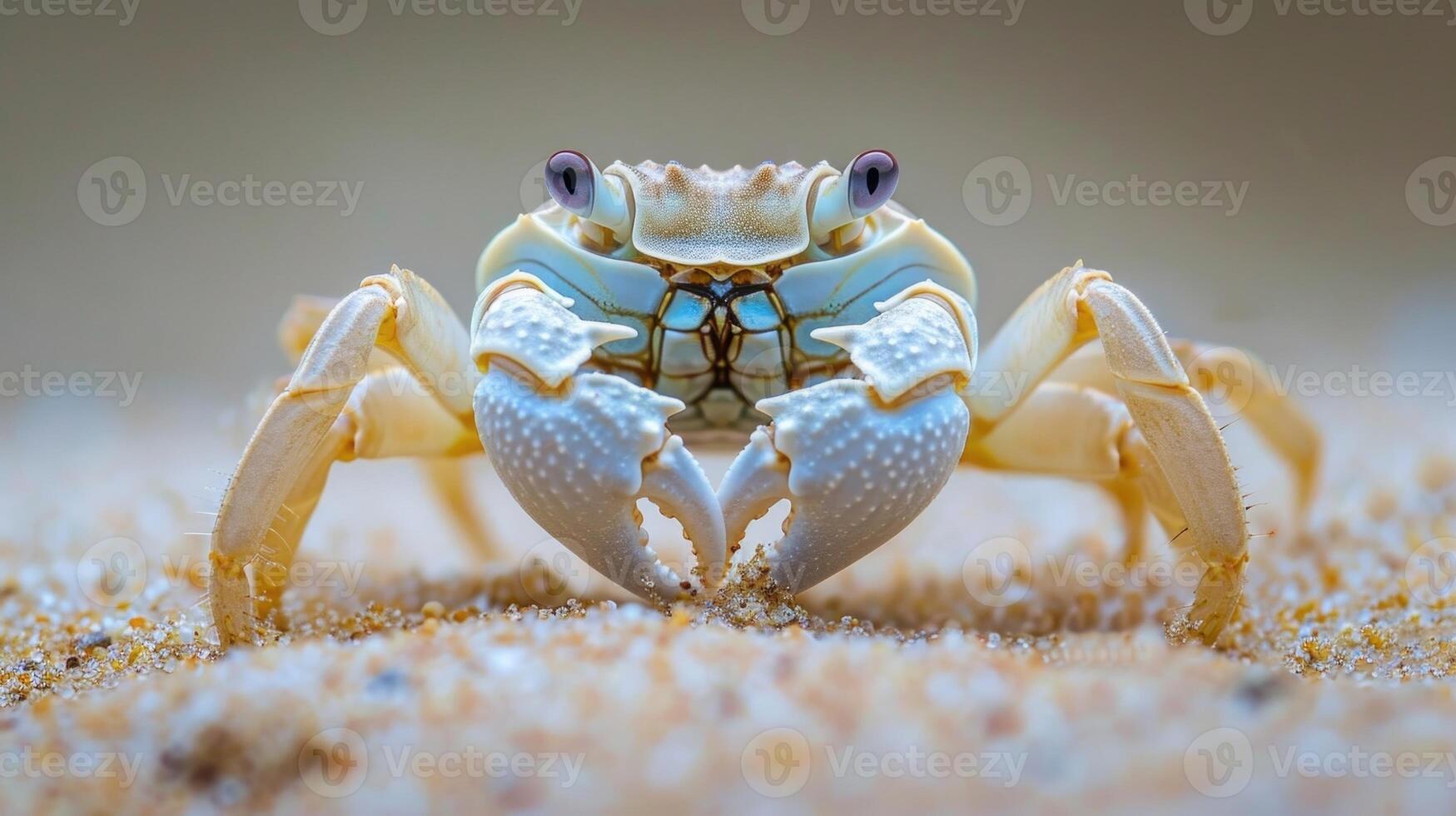 Closeup of a crabs beady black eyes focused intently on the grains of sand beneath its delicate pointed claws photo