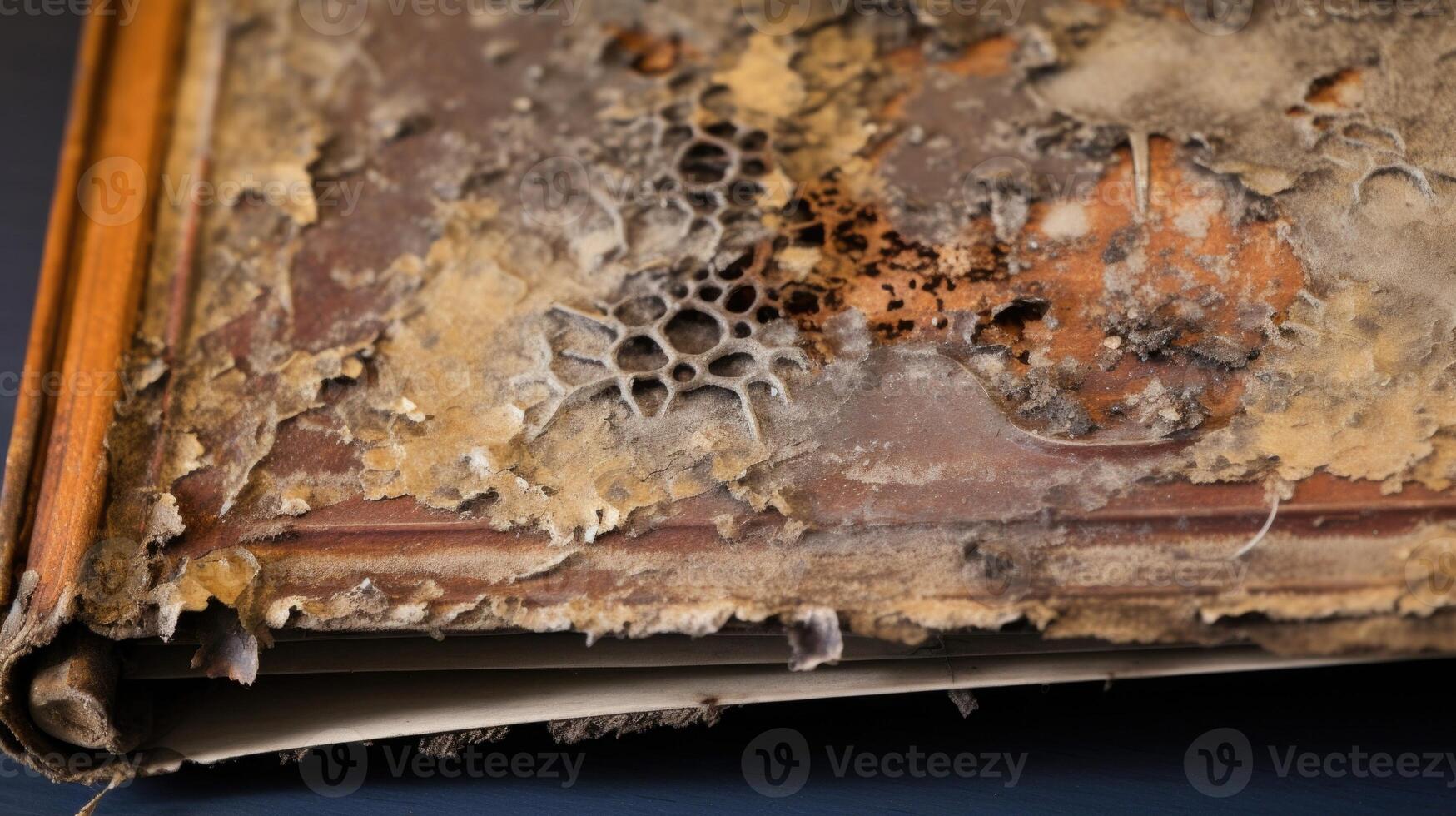 A detailed shot of a waterdamaged book, with mold creeping up the edges and faded text, emphasizing the motif of contamination and decay. photo