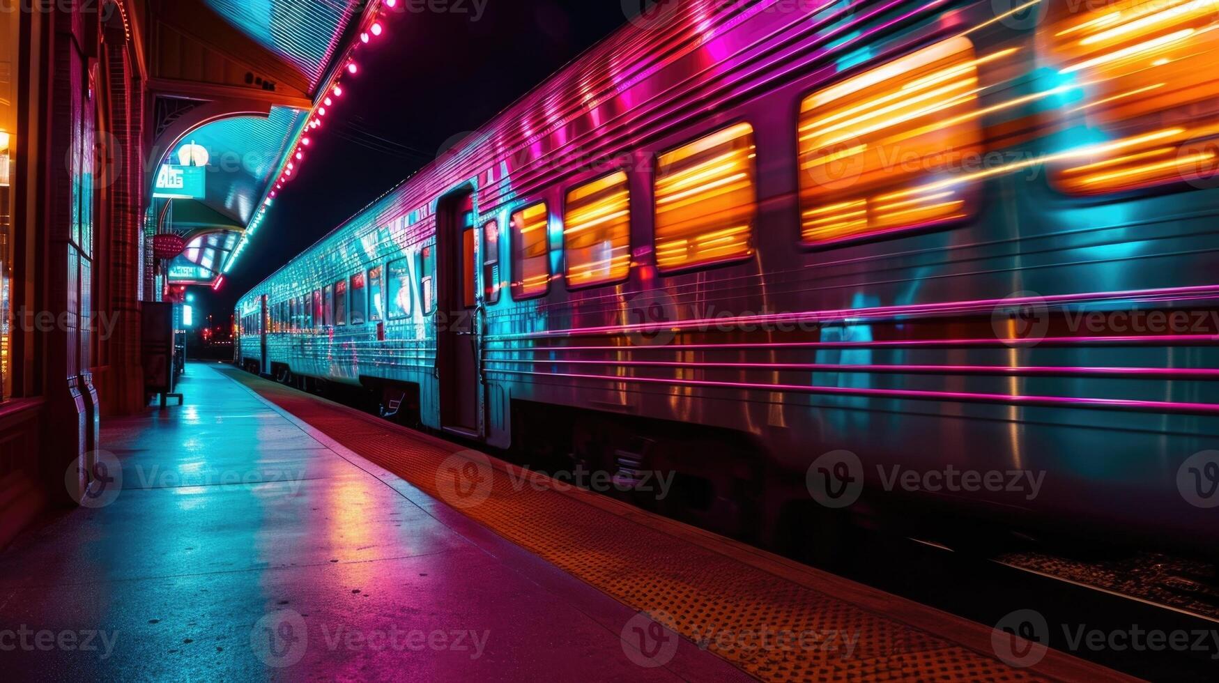 A neon train rushes by leaving a trail of bright colors in its wake photo