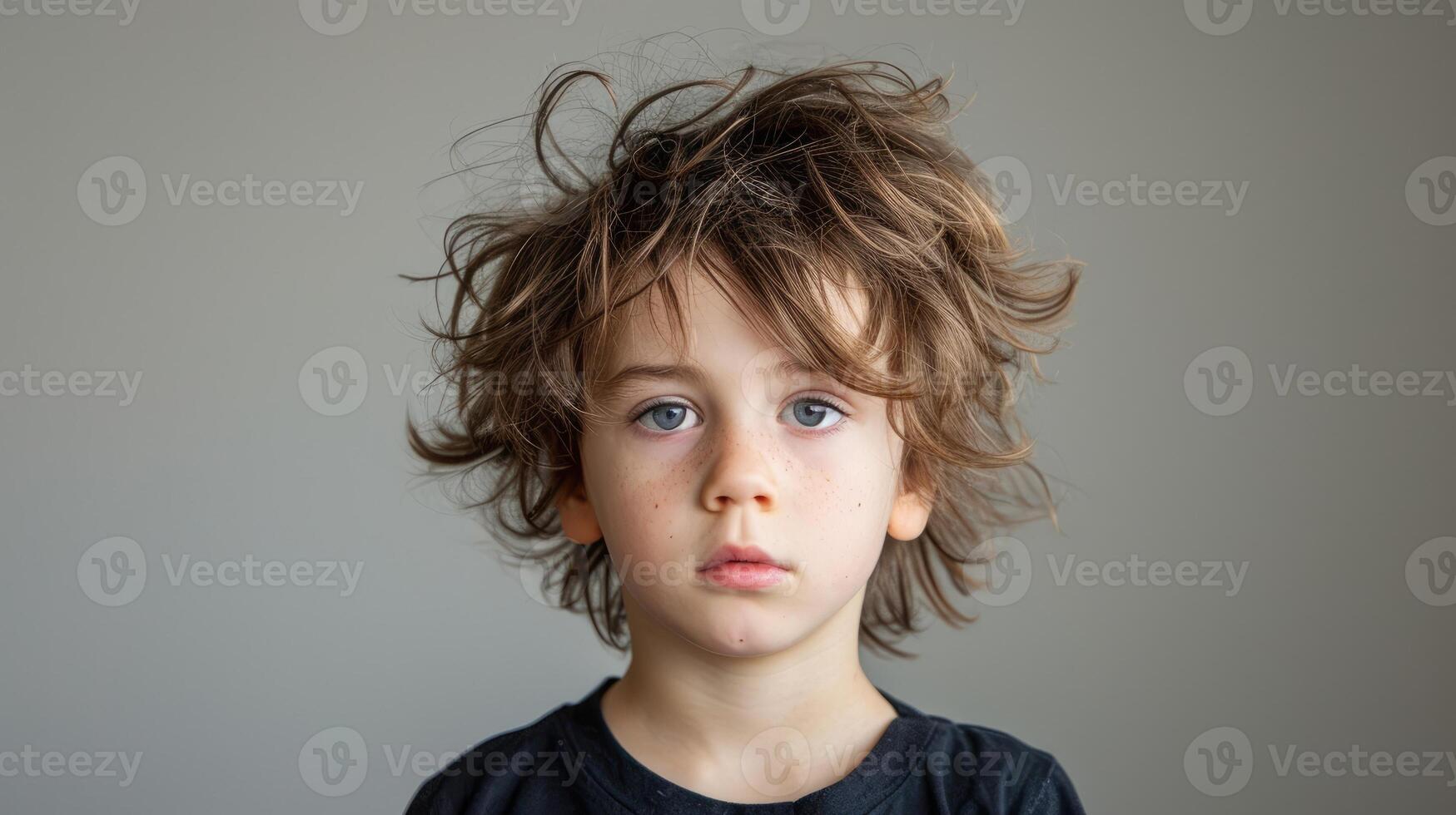 A portrait of a young boy with a blank expression and uncombed hair symbolizing the disruption and chaos that can occur in daily life during an episode of bipolar mania photo