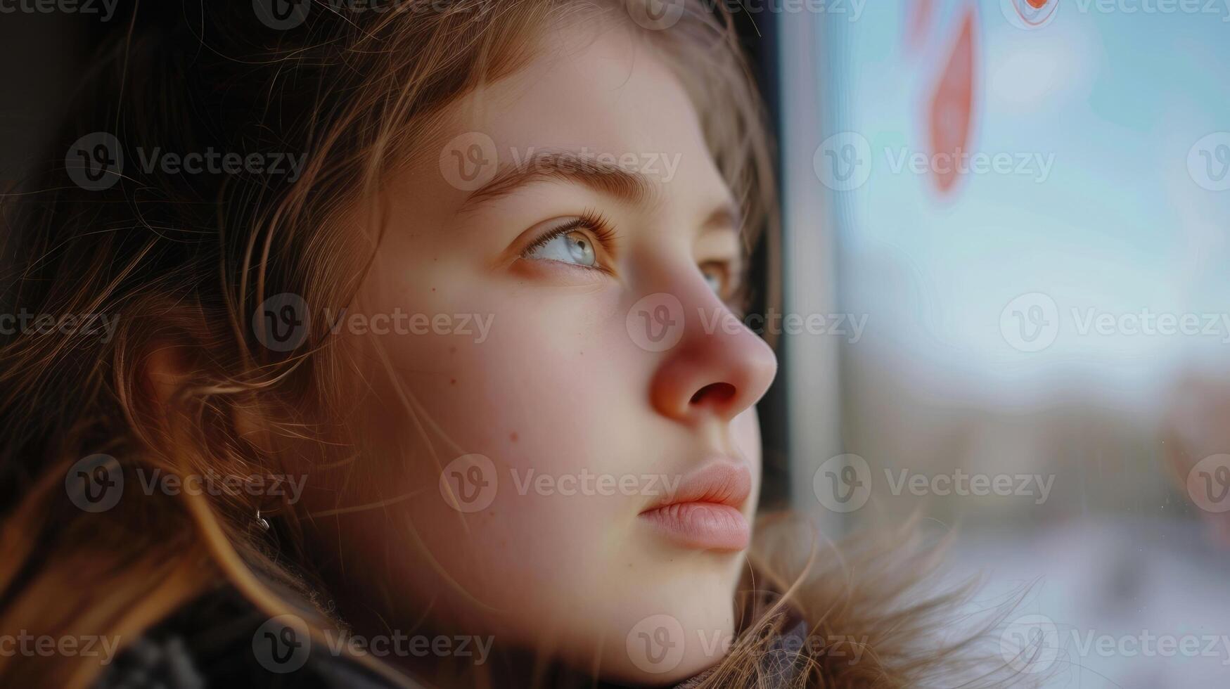 A teenage girl with a glazed look in her eyes lost in her thoughts and seemingly detached from the world around her photo