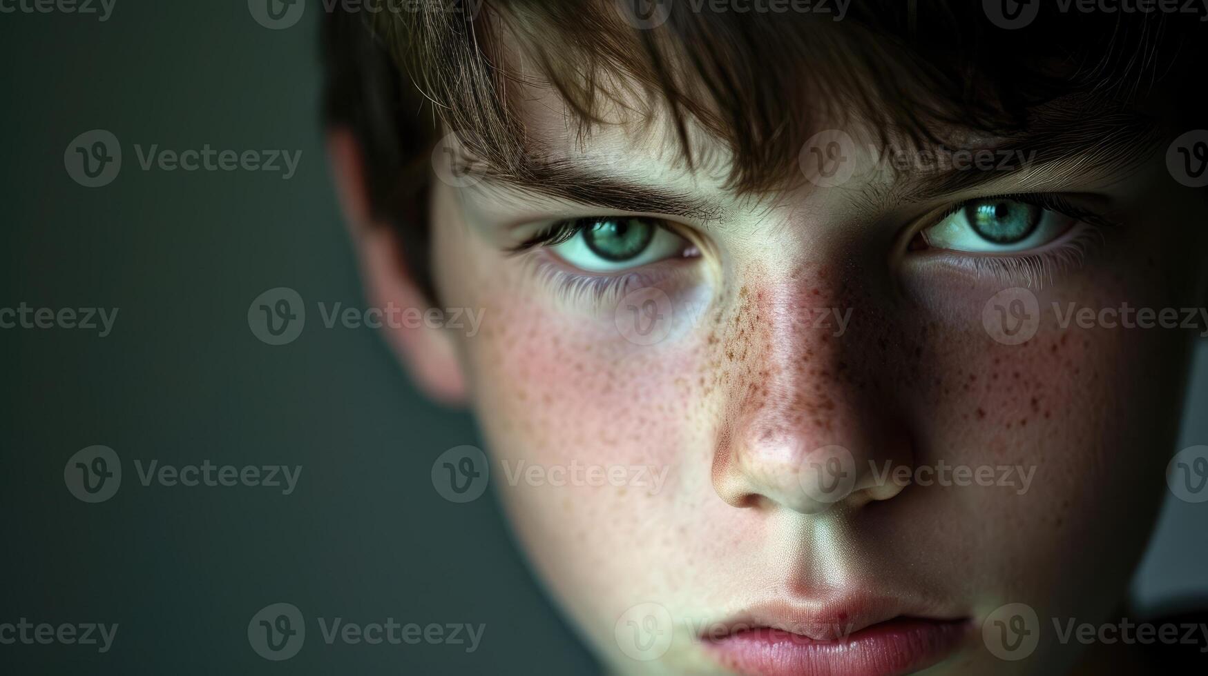 A teenage boy with a trembling lower lip and a worried look on his face photo