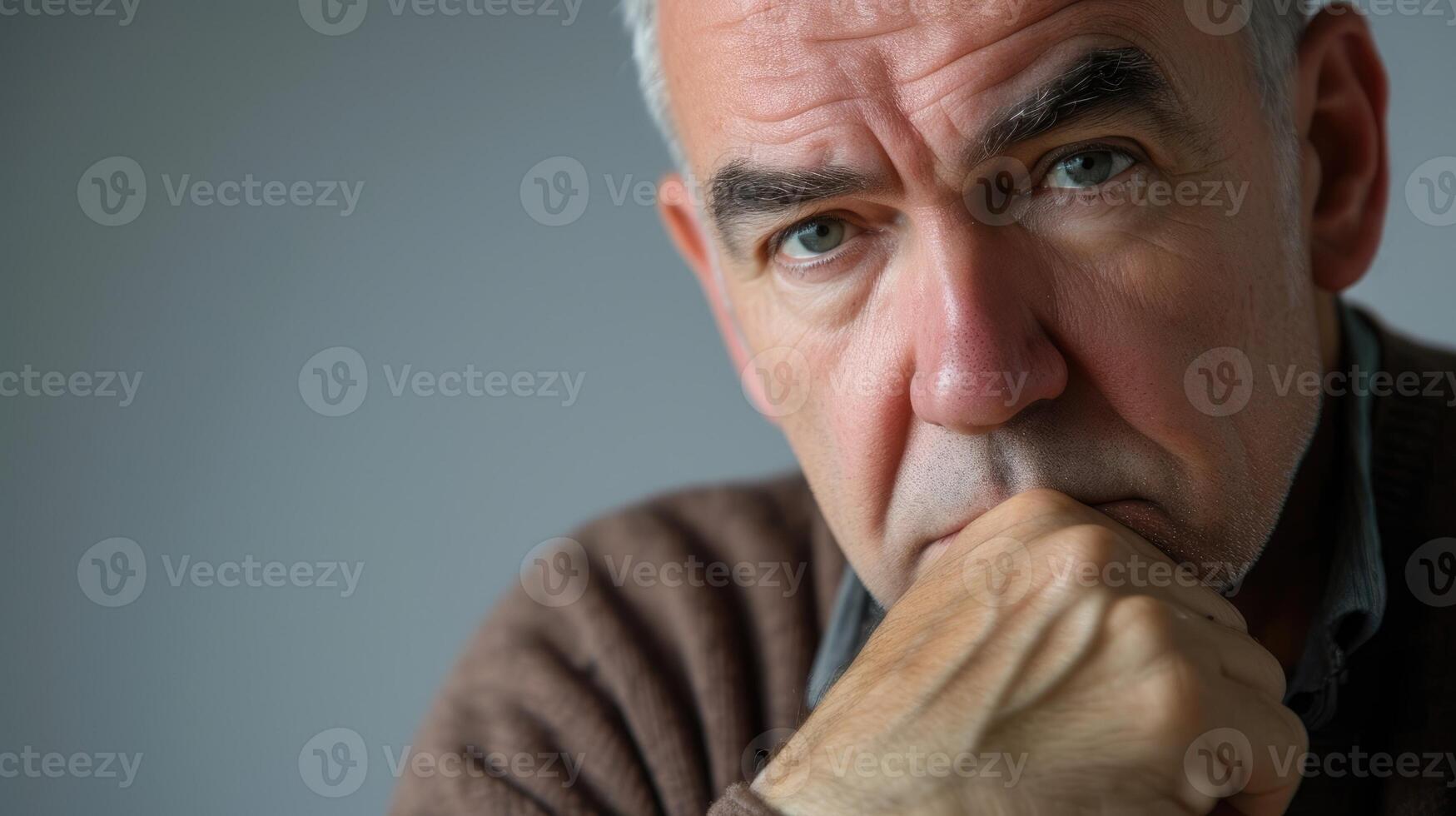 A man in his fifties with a stoic expression his hand clenched tightly as he tries to fight through the pain photo