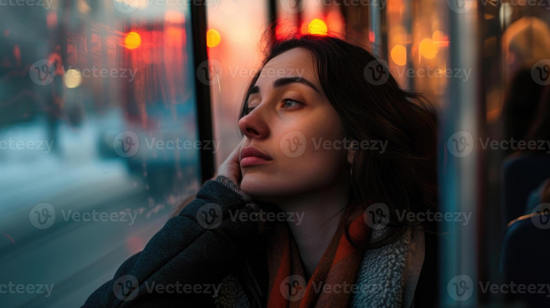 A woman sitting on a bus lost in thought and feeling like an outsider as she watches the city p by photo