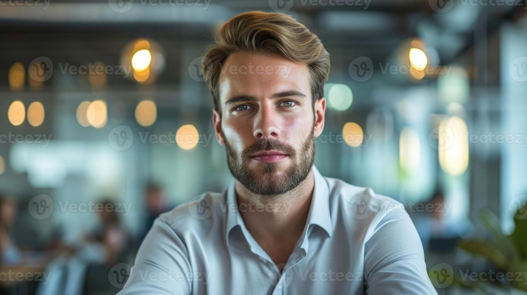 A man visibly sweating and looking uncomfortable at a work conference photo