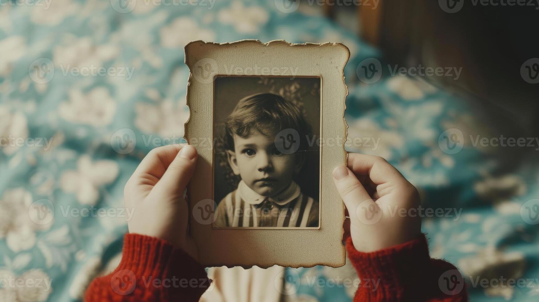 A portrait of a person holding a photograph of themselves as a young child reflecting on the page of time photo