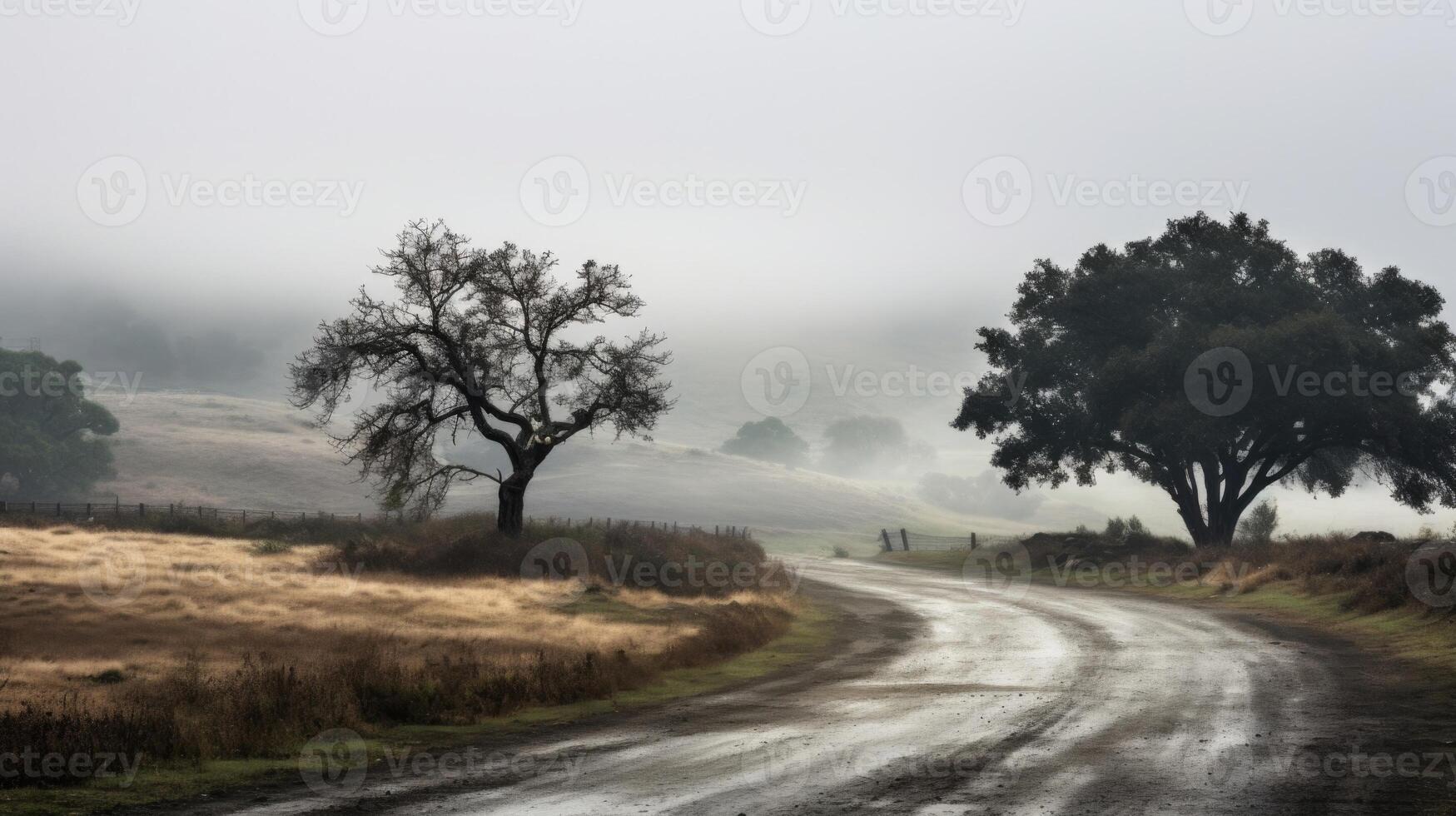 The fog obscures the landscape, giving the road an otherworldly feel. photo