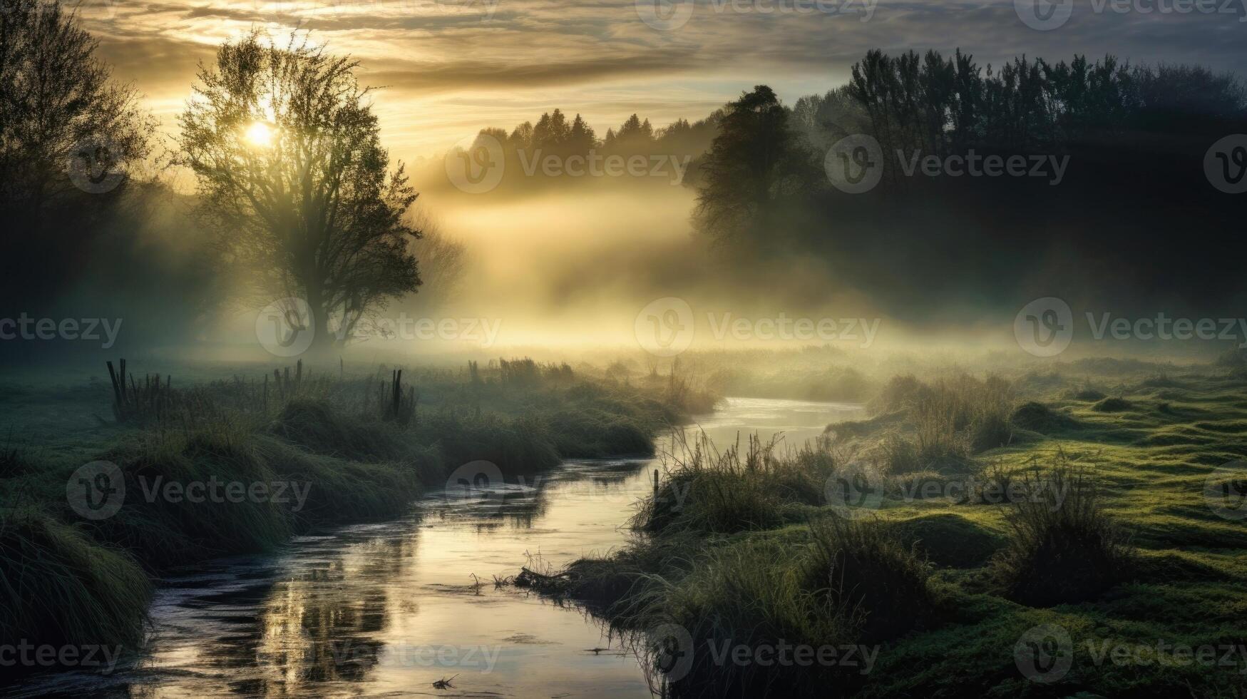 In the early hours of the morning, thick fog creeps in and dances along the winding river, creating a mystical scene. photo
