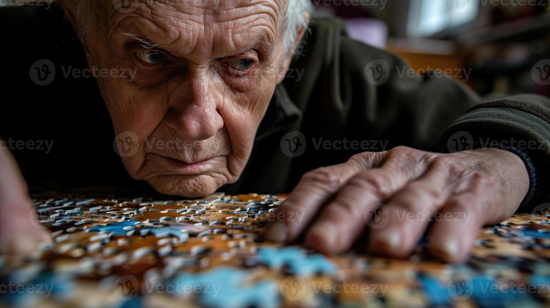 An elderly man with autism his face etched with concentration as he works on a puzzle photo