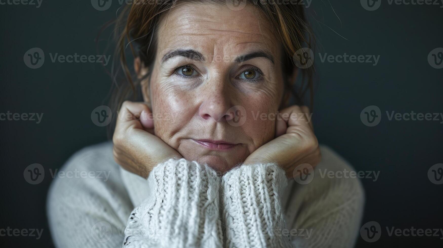 A middleaged woman with a troubled expression and her hands wringing photo