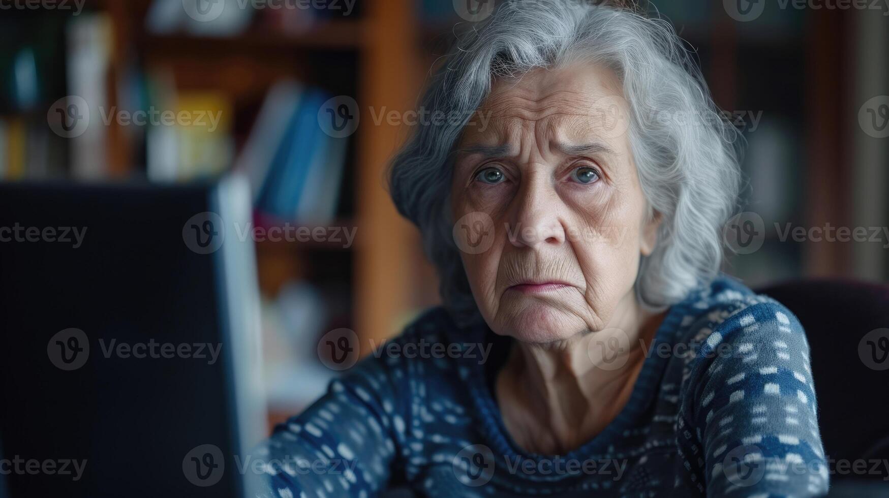 An older woman sitting in front of her computer looking angry and betrayed as she realizes her online friend has been secretly cyberbullying her photo