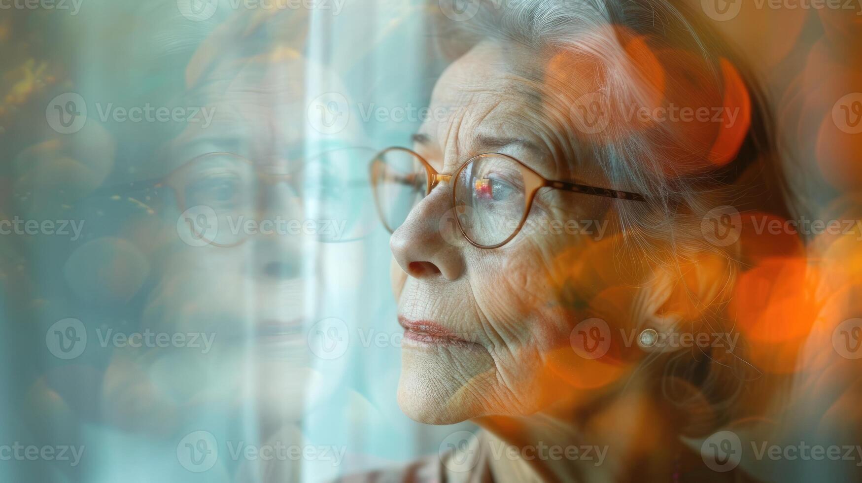 An older woman with a serene expression as she reflects on the dreams she may never achieve but finds peace in the life she has lived photo