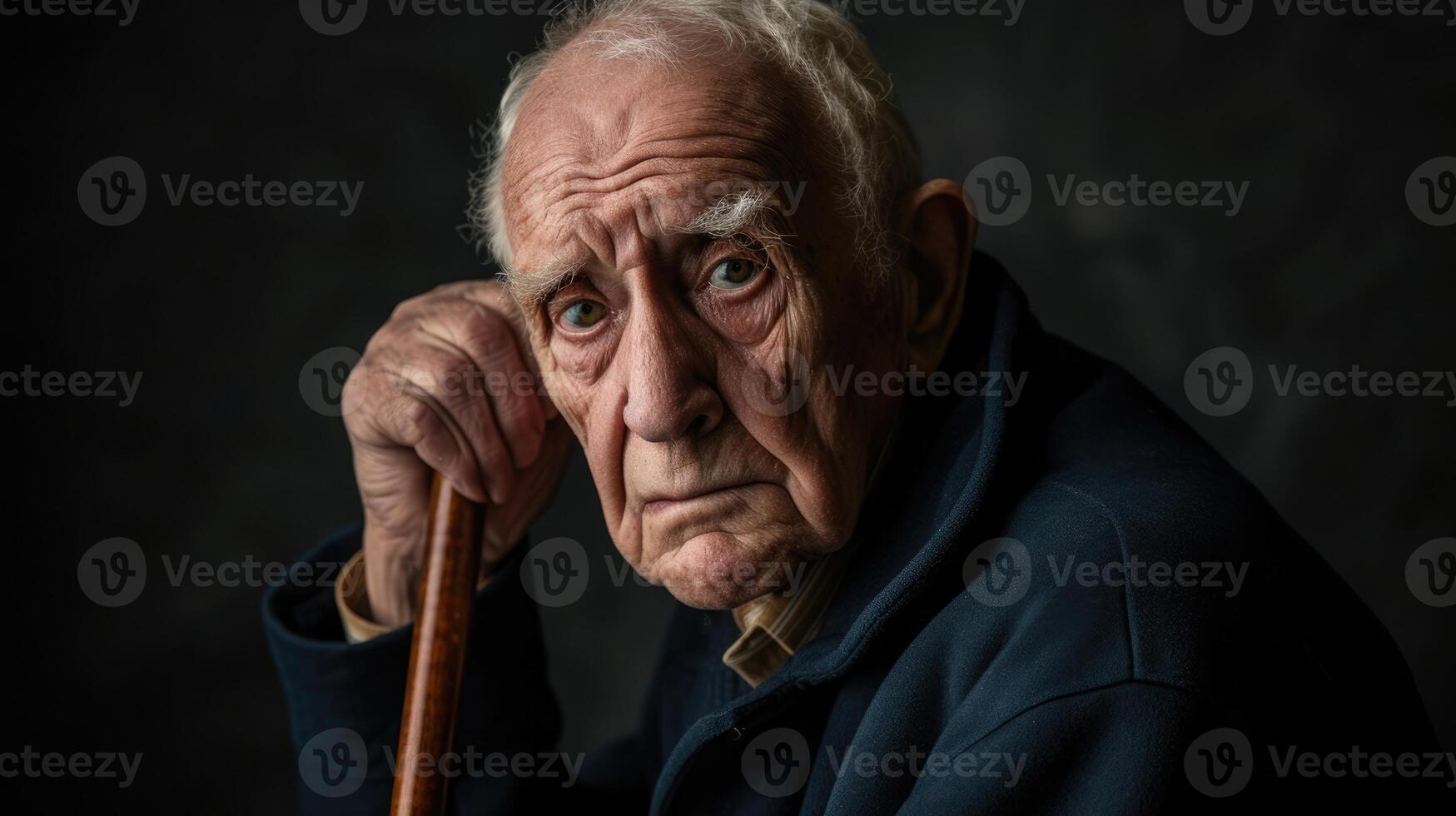An older man with a pained look on his face holding onto a walking cane for support photo