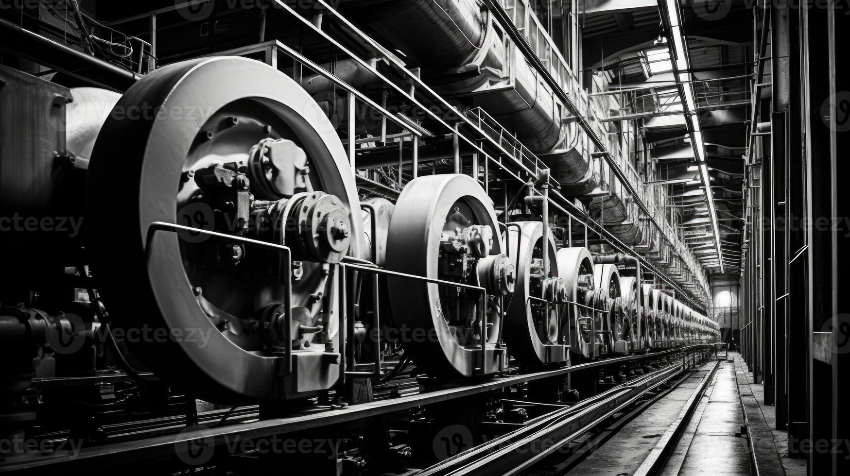 The rhythmic rhythm of machinery echoes through the industrial landscape, captured in a black and white snapshot. photo