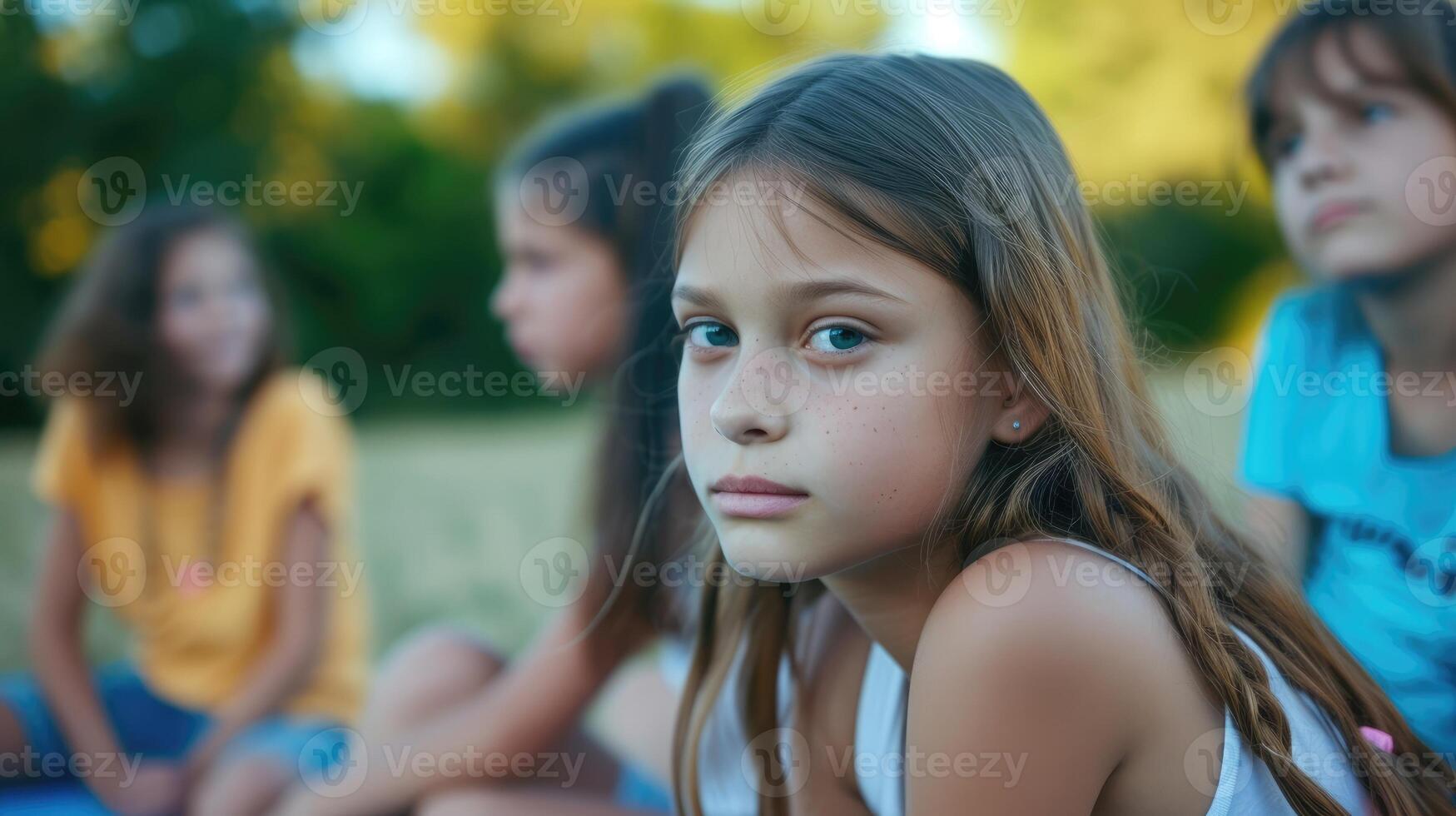 A young girl too tired to play and socialize with her friends sitting on the sidelines and watching as they have fun without her due to her chronic fatigue photo