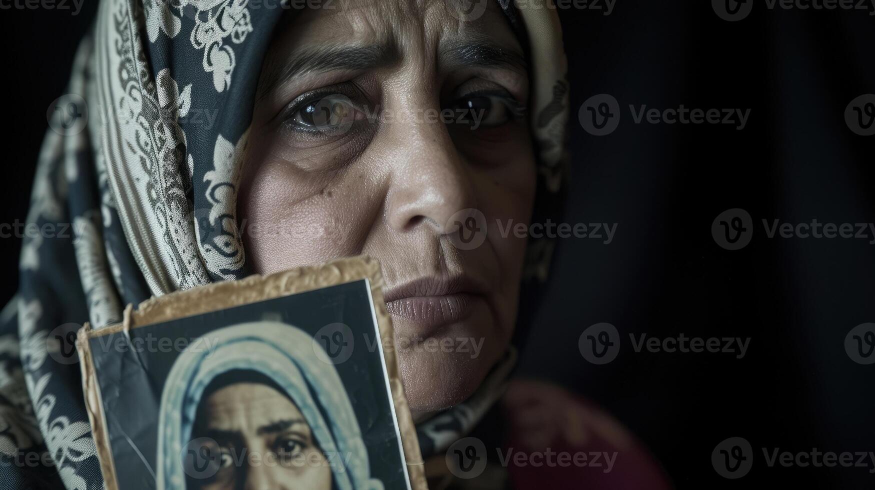 A woman with a headscarf her hijab slightly askew and her dark eyes full of sorrow as she holds a photograph of her missing husband photo