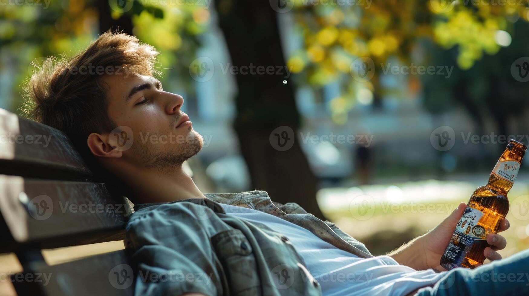 A young man lying on a park bench clutching a bottle of cheap liquor photo
