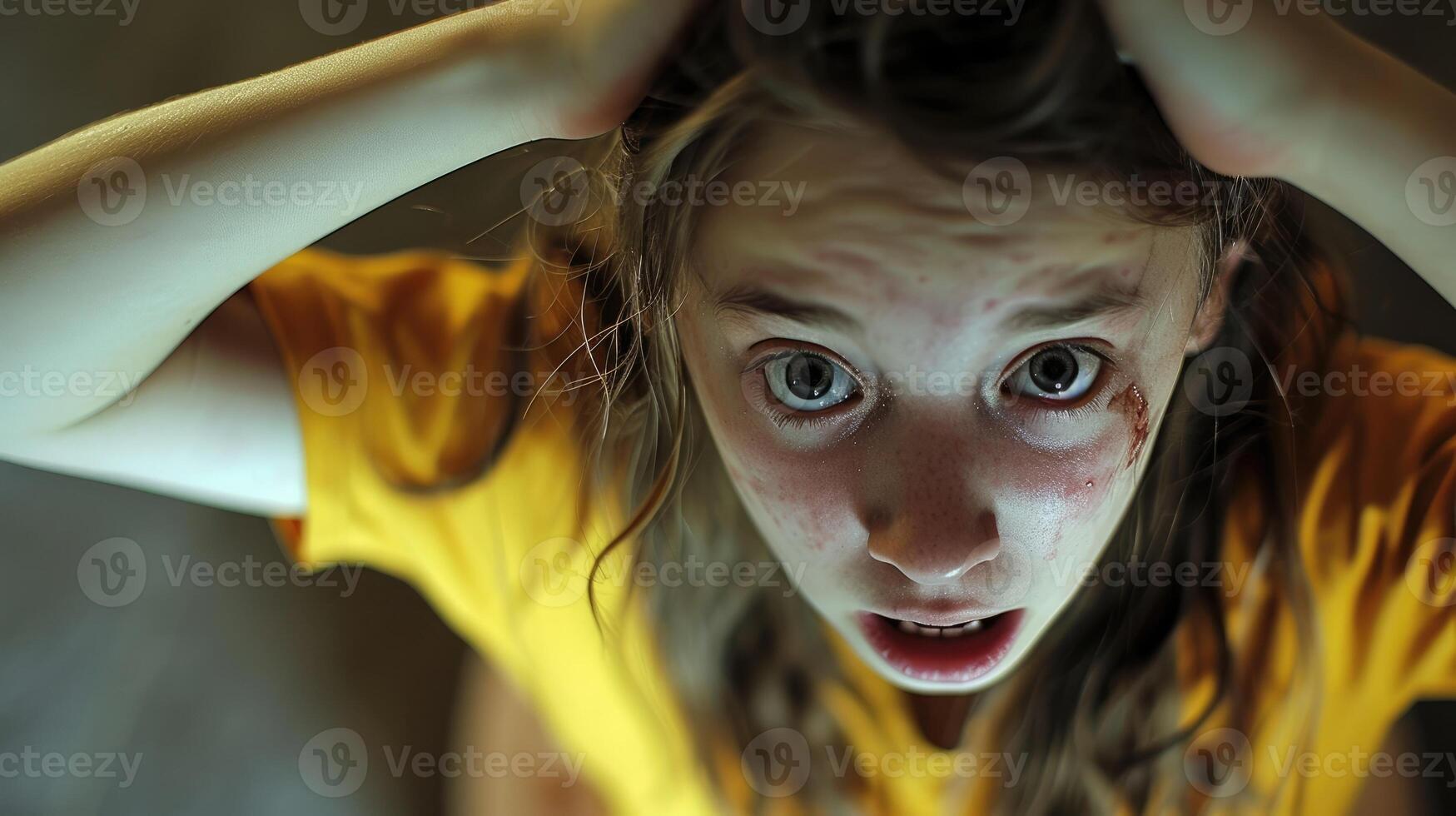 A teenage girl with trembling hands and a wild expression her body experiencing a fullblown panic attack photo