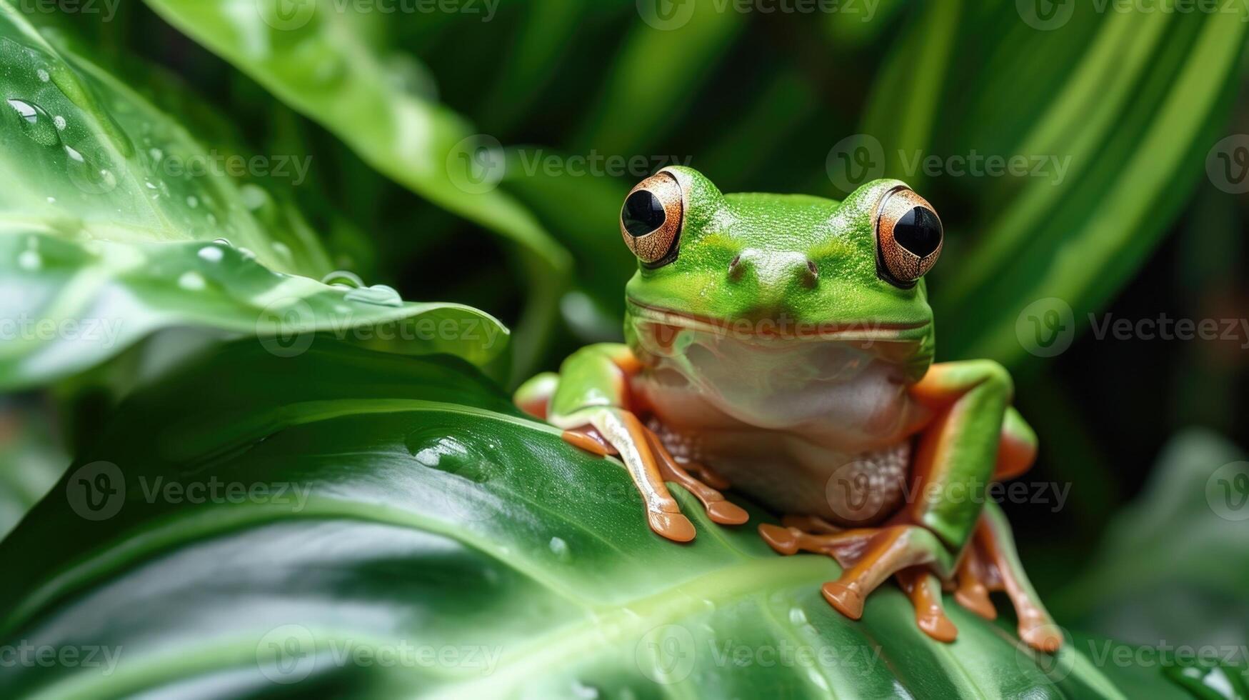 Closeup of a charismatic tree frog camouflaged a a of emerald leaves its curious expression revealing its fascination with its lush surroundings photo