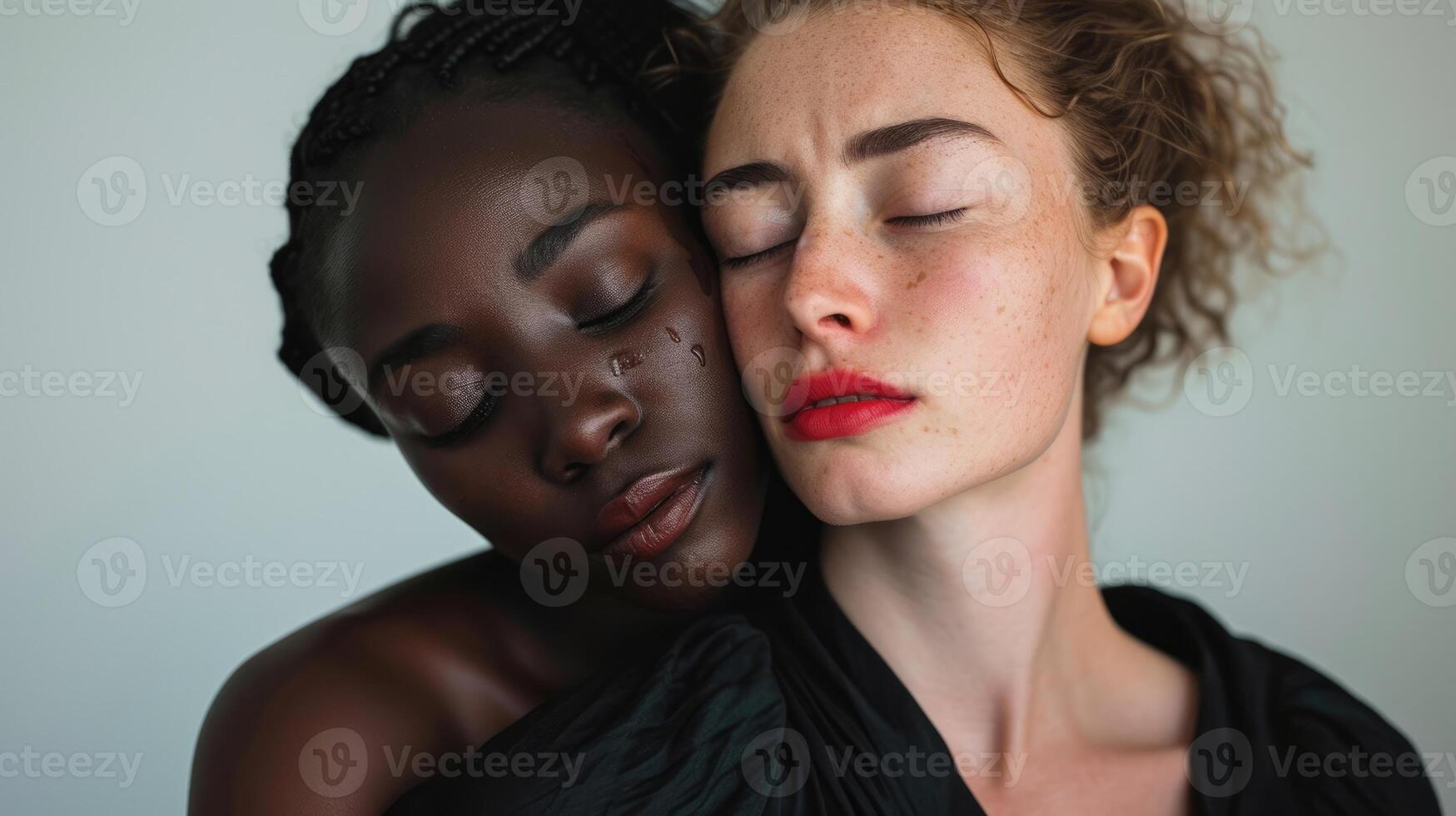 Two women one with African and the other with European roots embrace each other with tears in their eyes symbolizing the emotional journey of cultural imilation photo