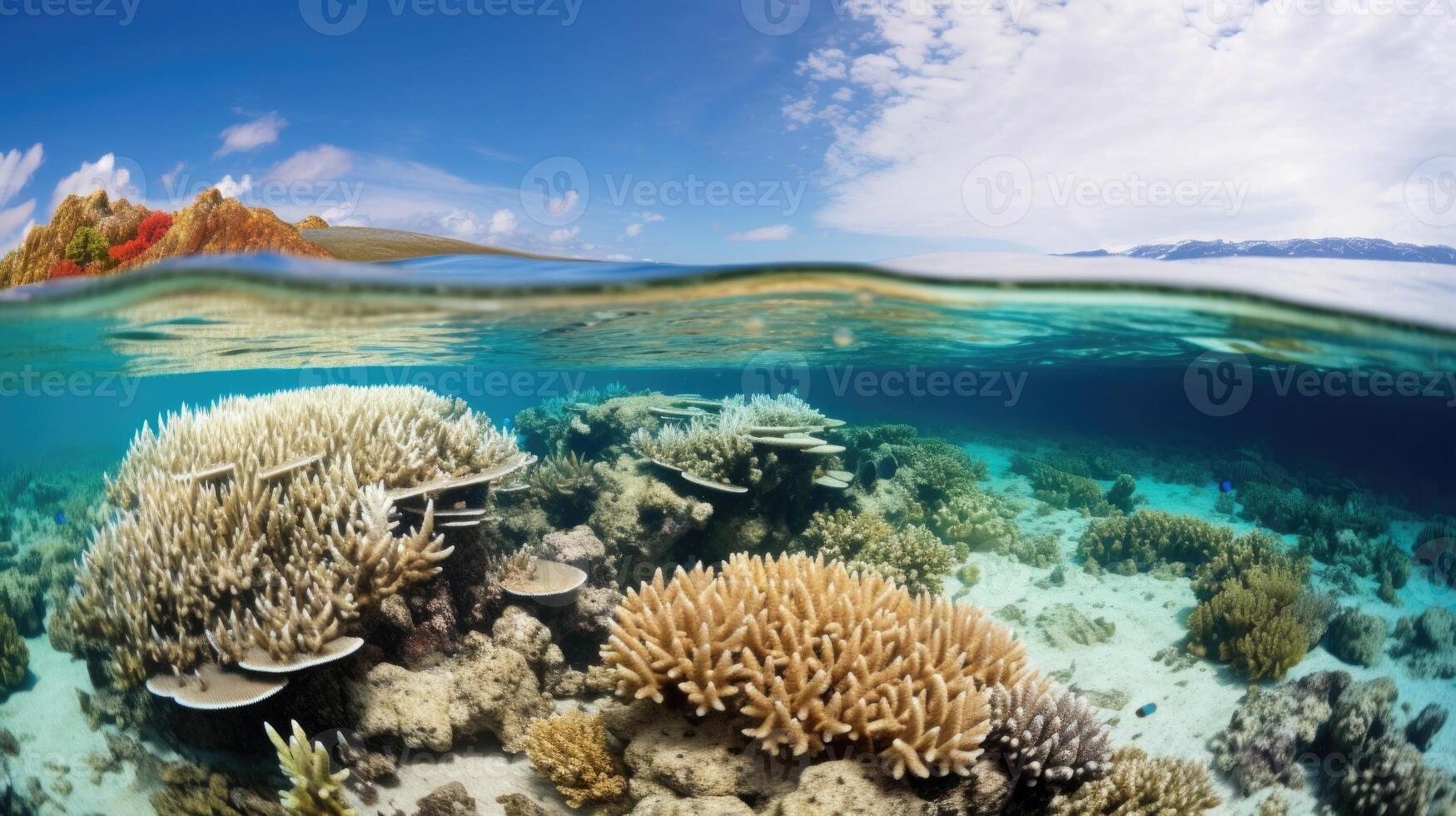 A splitscreen image of a coral reef before and after a bleaching event. On the left, a thriving coral reef teeming with diverse marine life. On the right, a barren and desolate reef, with photo