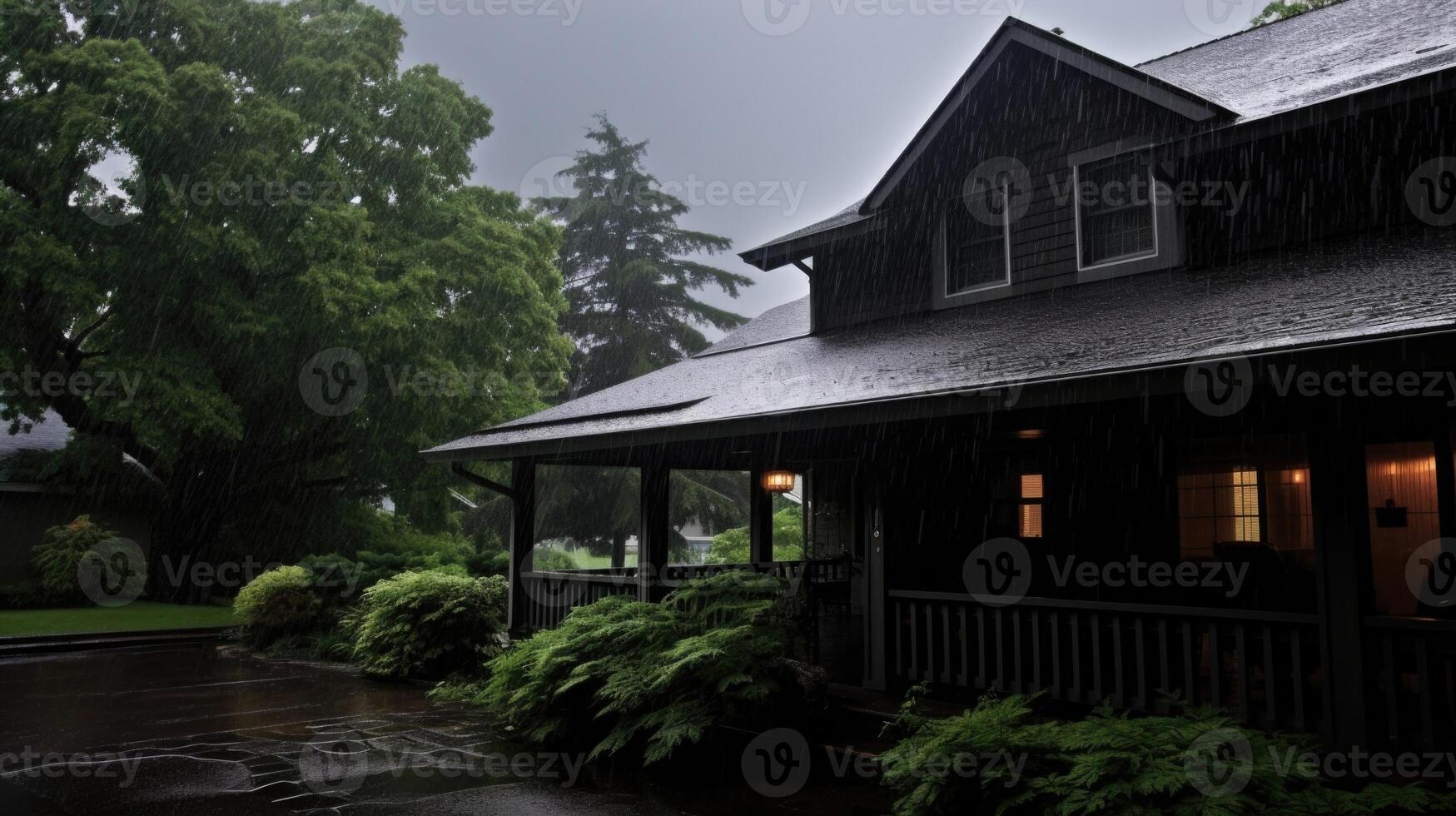 A dramatic shot of rain pouring relentlessly off a roof, emphasizing the powerful lull of a stormy day. photo