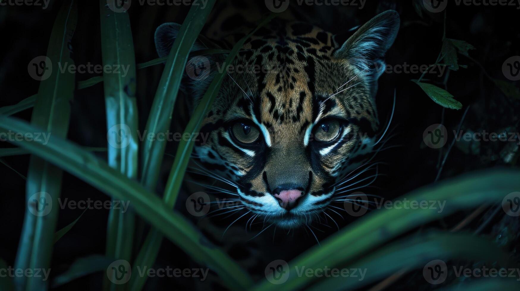 Closeup of an ocelots rugged fur camouflaged perfectly with the shadowy night making it nearly invisible as it stalks its prey photo