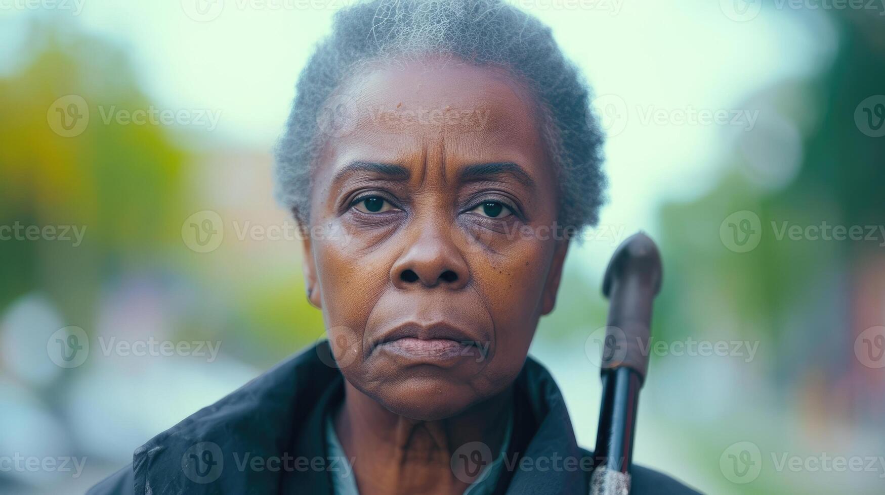 A woman of African descent with a determined look on her face walking with a cane and showing that despite pain and illness life goes on photo