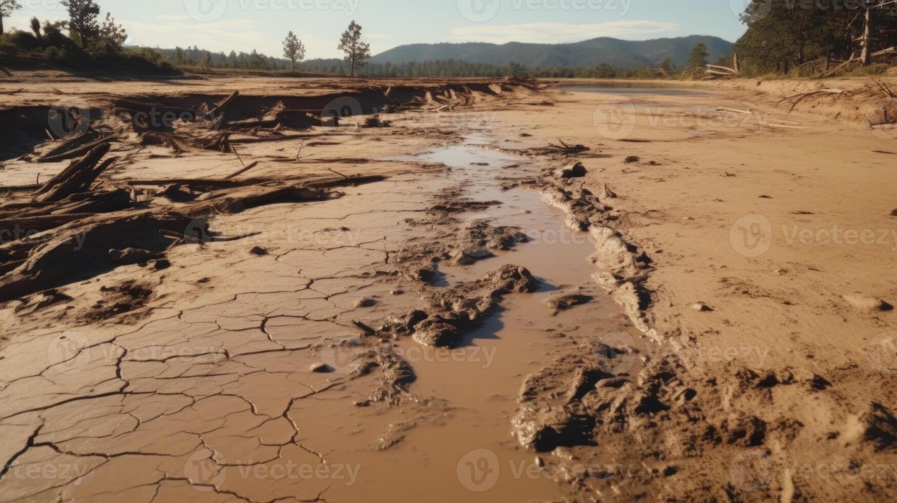 The camera pans over the destruction caused by a flood, focusing on a pair of muddy footprints that seem to symbolize the fragile presence of life in this environment. photo