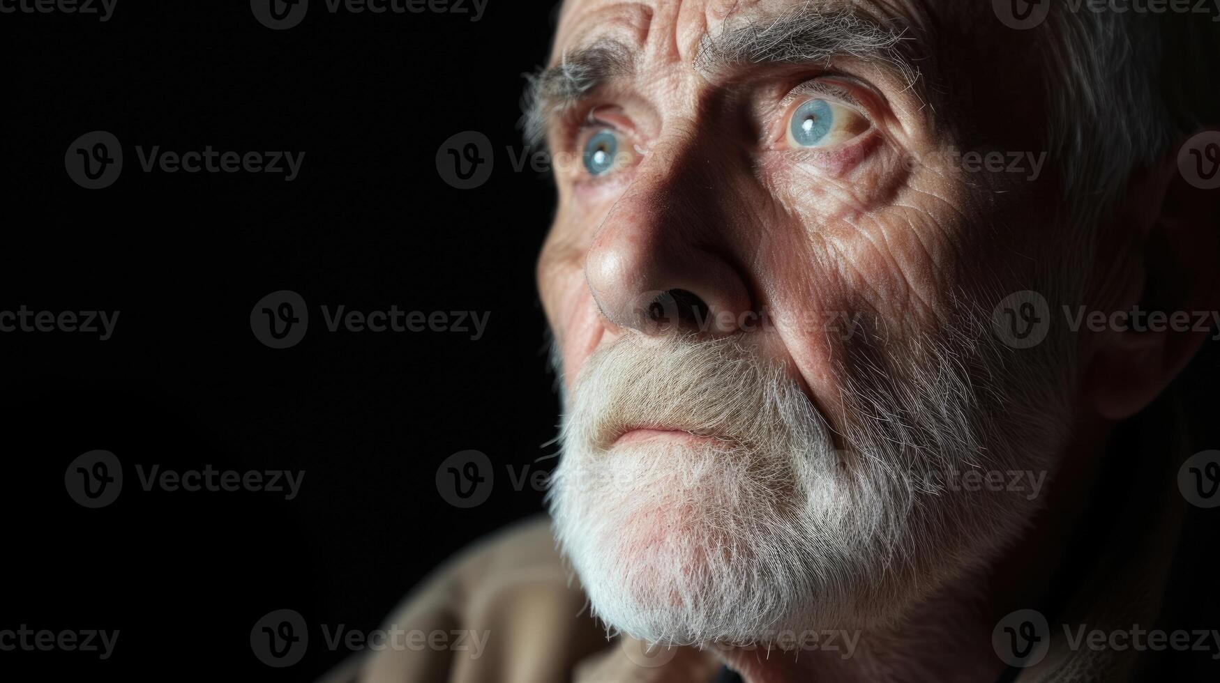 An older man with a pained expression his eyes gazing off into the distance as he reflects on the injustices he has faced due to his political beliefs photo