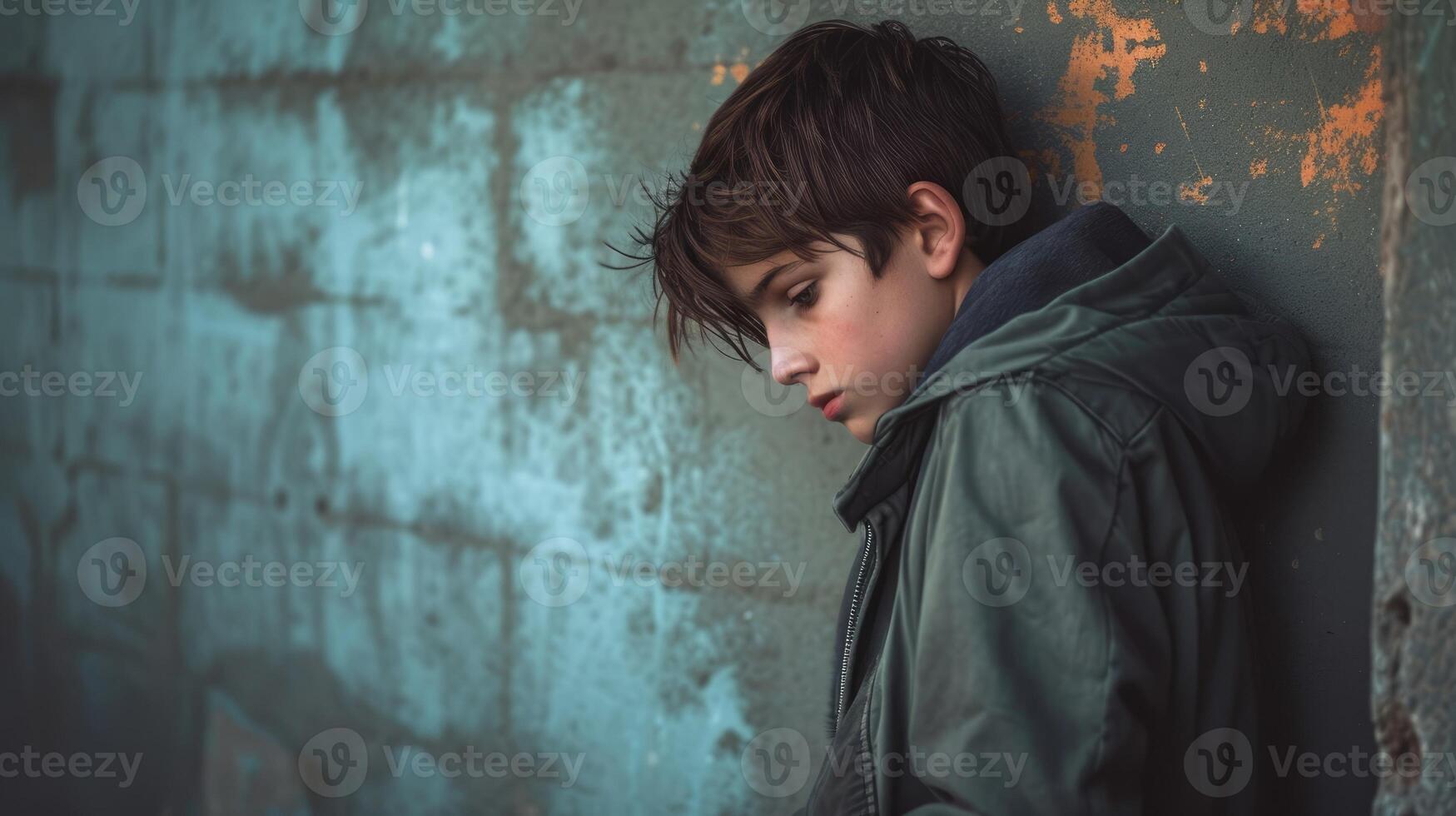 An adolescent boy leans against a wall his expression guarded as he tries to protect himself from the harsh reality of life as a refugee photo