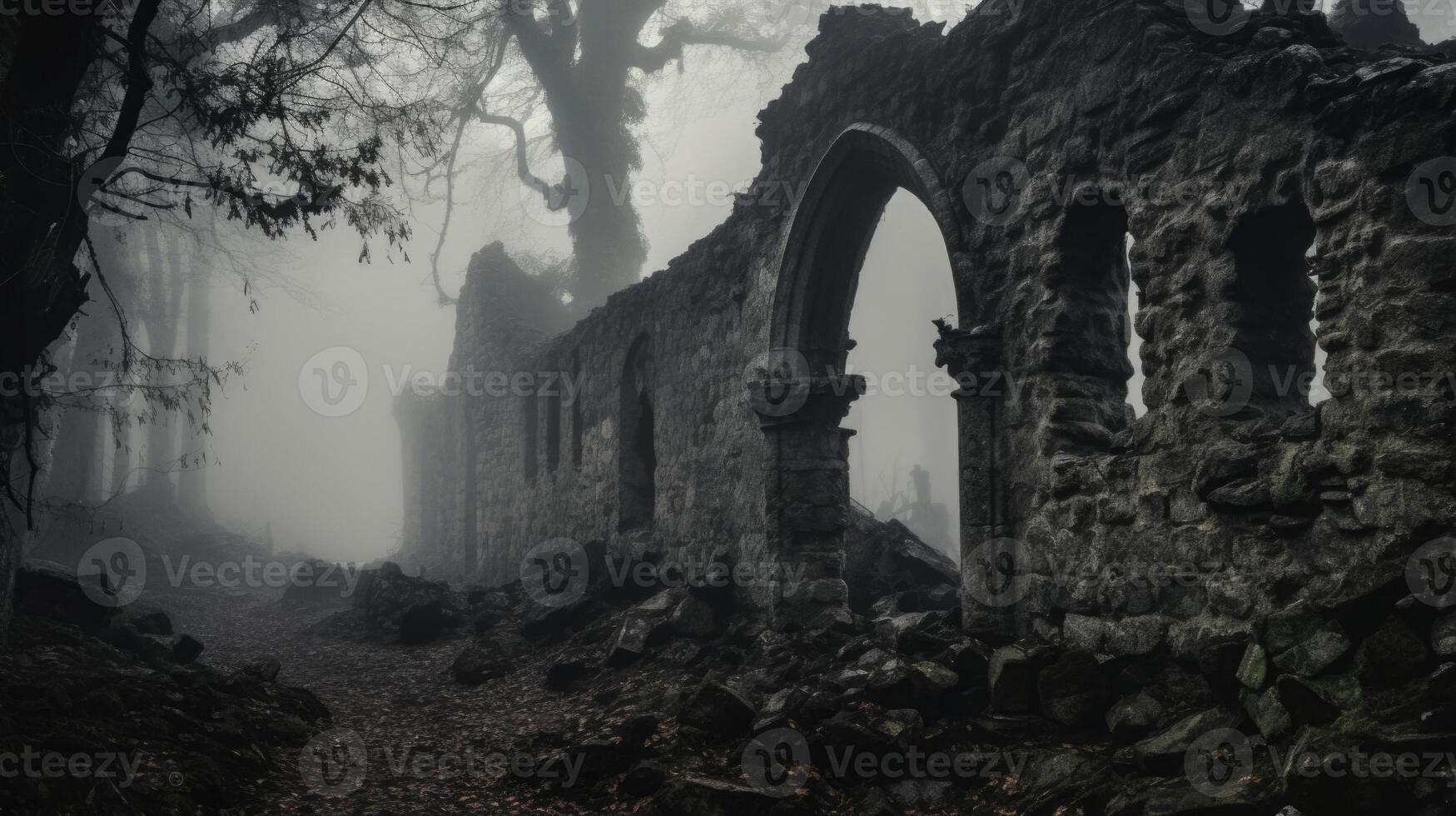 The fog cloaks the ruins, shrouding them in a veil of obscurity and intrigue, as if they hold secrets that are meant to remain hidden. photo
