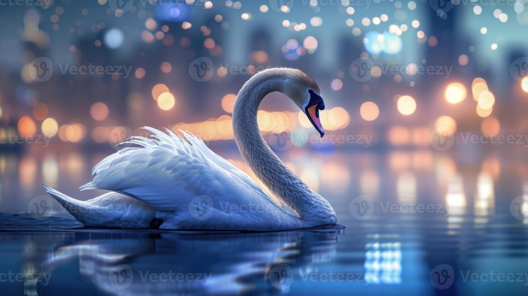Closeup of a regal swan with its long graceful neck stretched out as it navigates the shimmering river waters under the dazzling night skyline photo