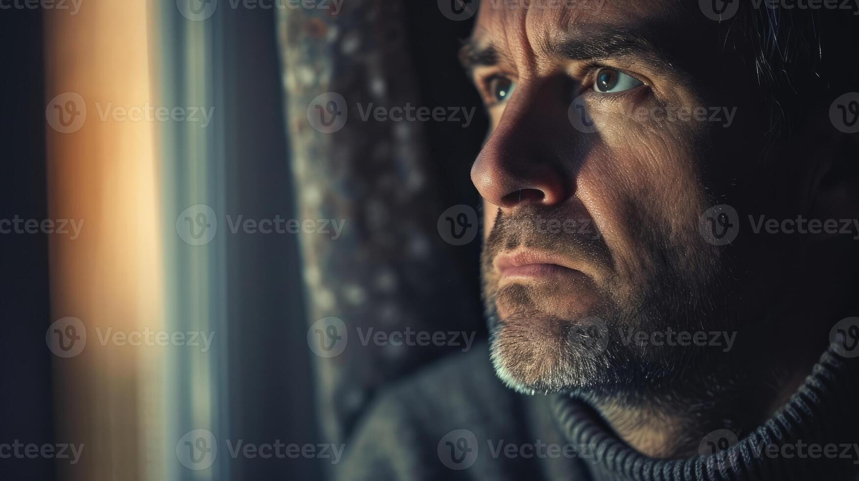 A man in his 40s with a tired and weary expression lost in thought as he reflects on the purpose of his life photo