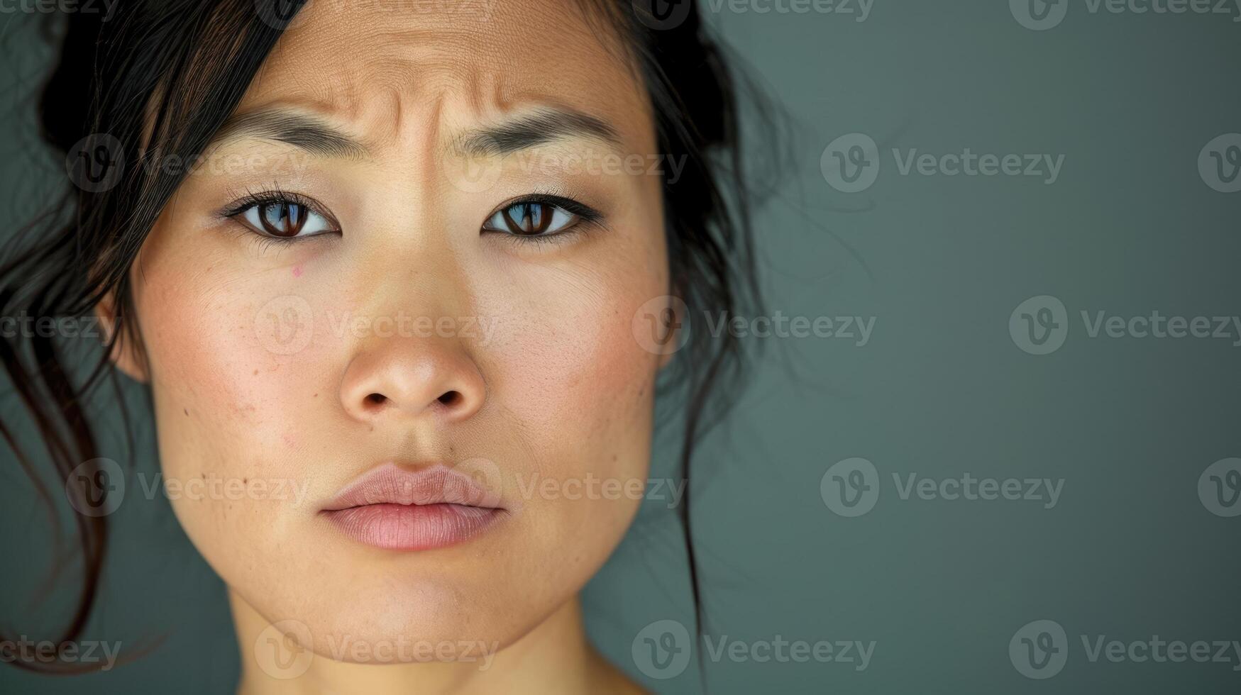 A woman of Asian descent her eyes narrowed and lips pulled into a sneer of irritation photo