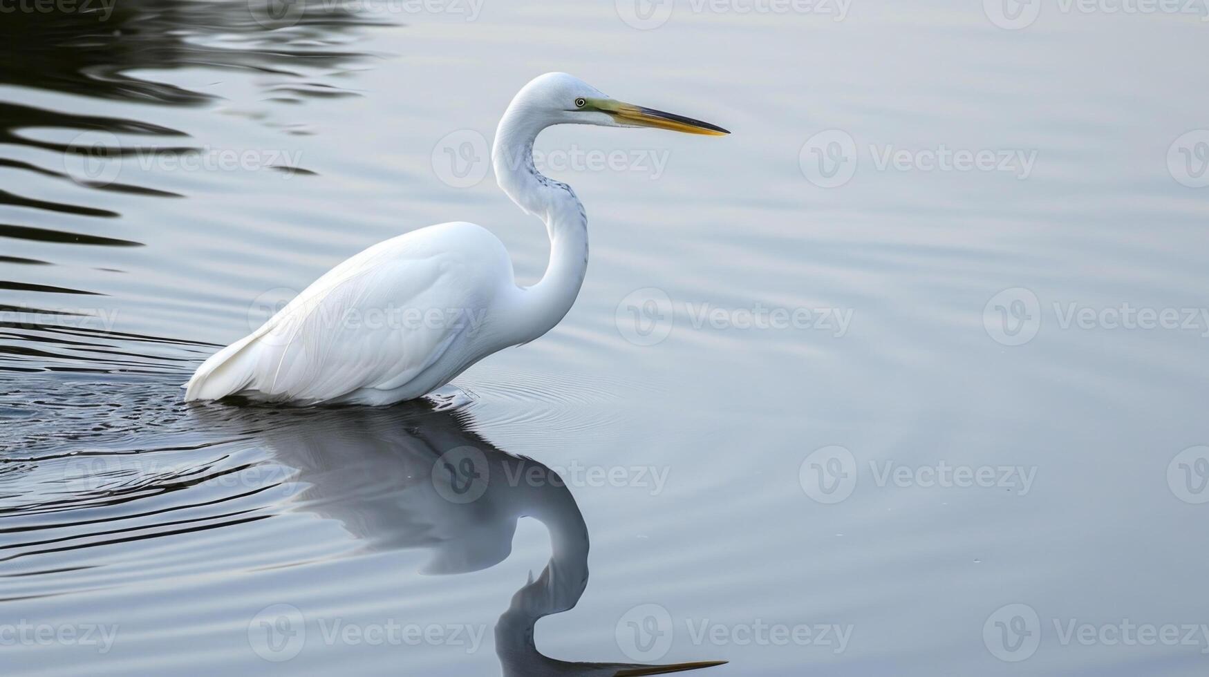 Closeup of a serenelooking egret with its slender neck gracefully curved and reflecting off the calm reflective surface of the water photo