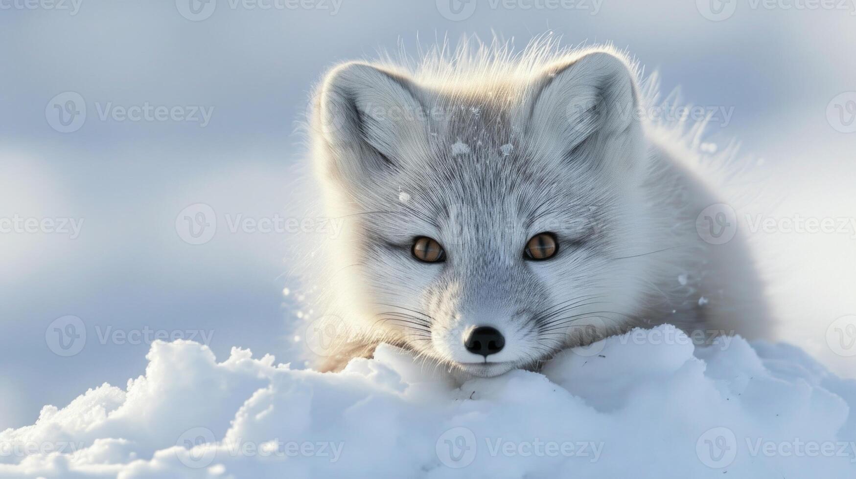 Closeup of a curious Arctic fox kit peeking over a snow bank its bright eyes and ears giving away its mischievous intentions photo
