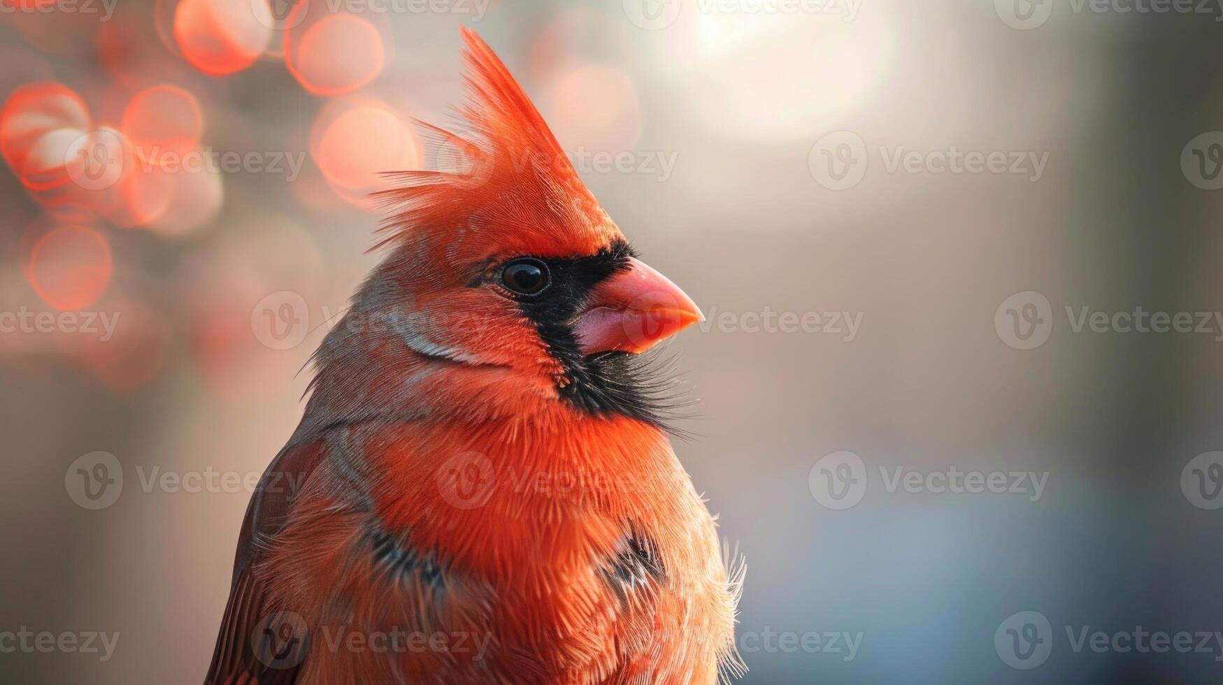 Closeup of a cardinal its vibrant red feathers contrasting against the muted brown and gray of the urban landscape as it greets the early morning with its cheerful chirps photo