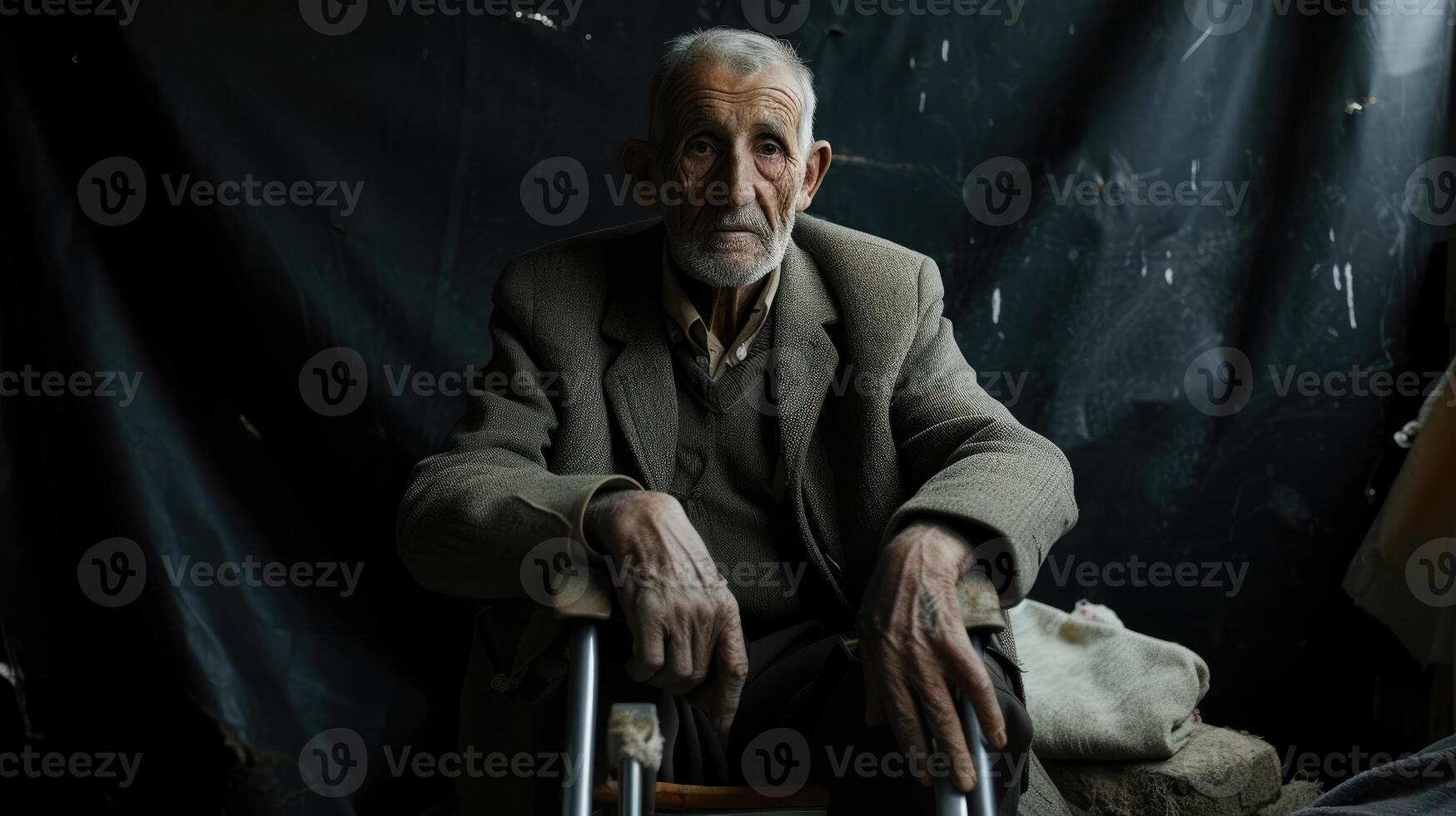 An elderly man sitting on a makeshift chair his legs amputated from injuries sustained in the war. His face bears the weight of all he has endured photo