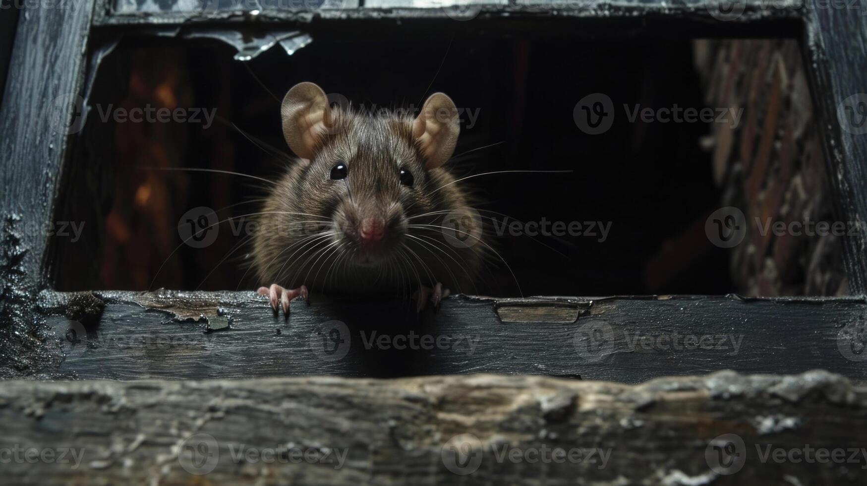 Closeup of a rat perched on a broken window ledge its ears pointed towards the distant sound of human footsteps alert and ready to dart back into the darkness at any moment photo