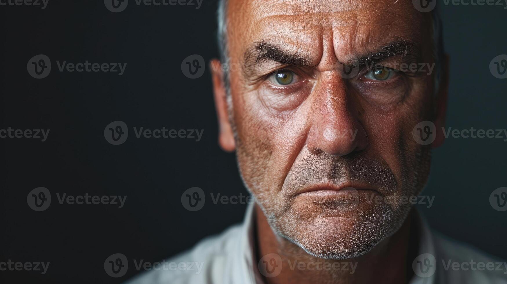 A middleaged man with a blank expression and tense jawline representing an obsessivecompulsive personality disorder photo