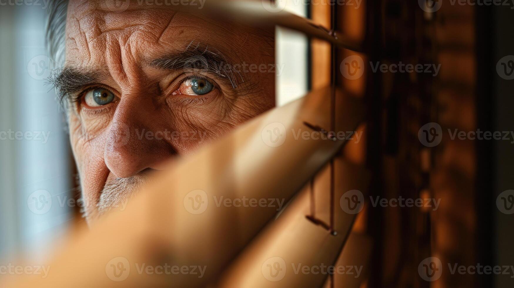 A middleaged man looks through his blinds checking to see whos outside before answering the door photo