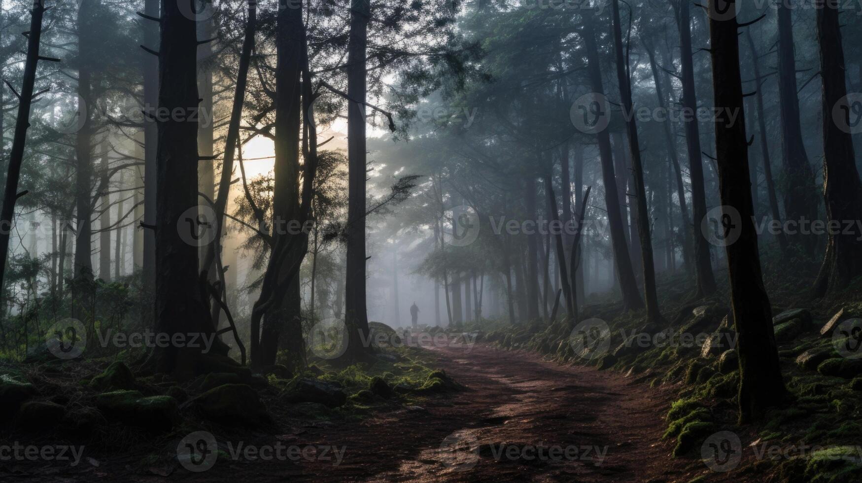 Amidst the trees, the mystical forest is cloaked in a mystical mist, evoking a sense of wonder and magic. photo