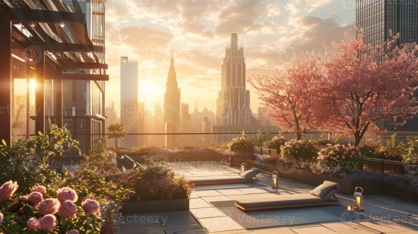 The citys hustle and bustle fades into the background as the rooftop yoga session becomes a haven of relaxation and tranquility. photo