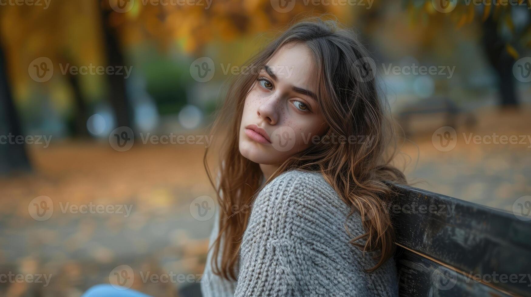 A girl in her early 20s sitting on a park bench looking disoriented and tired as she struggles with her sleep disorder during the day photo