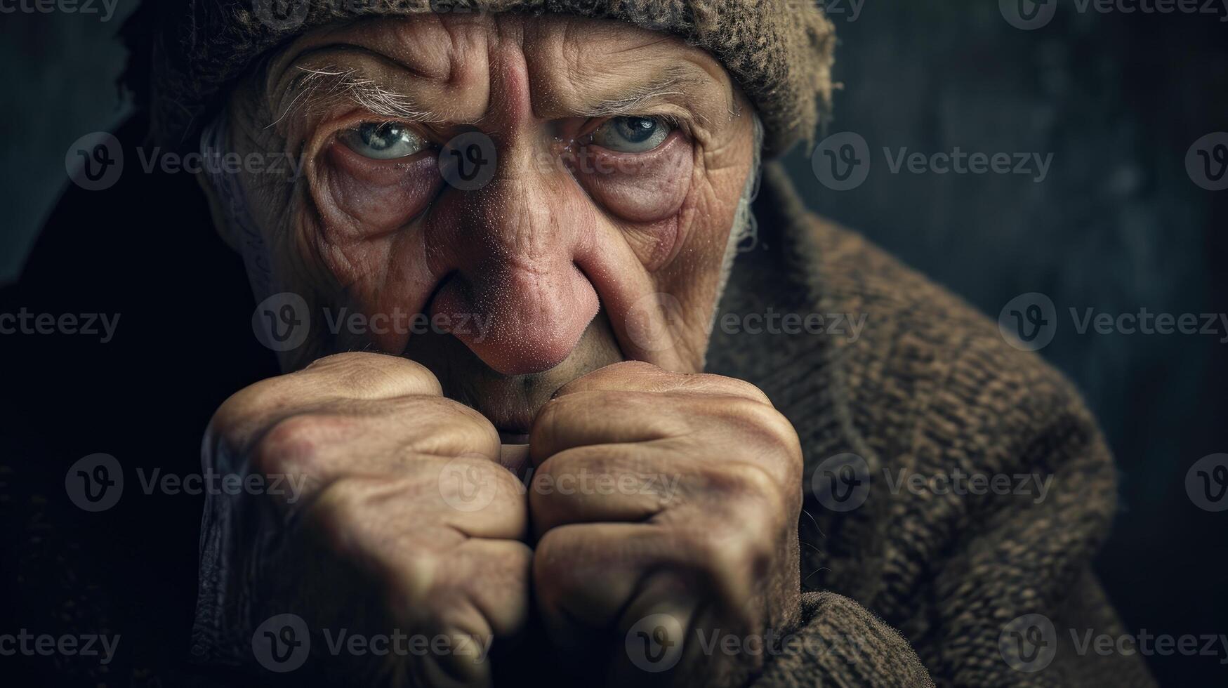 A man of unknown age with a tense jaw and worried eyes his hands balled into fists photo